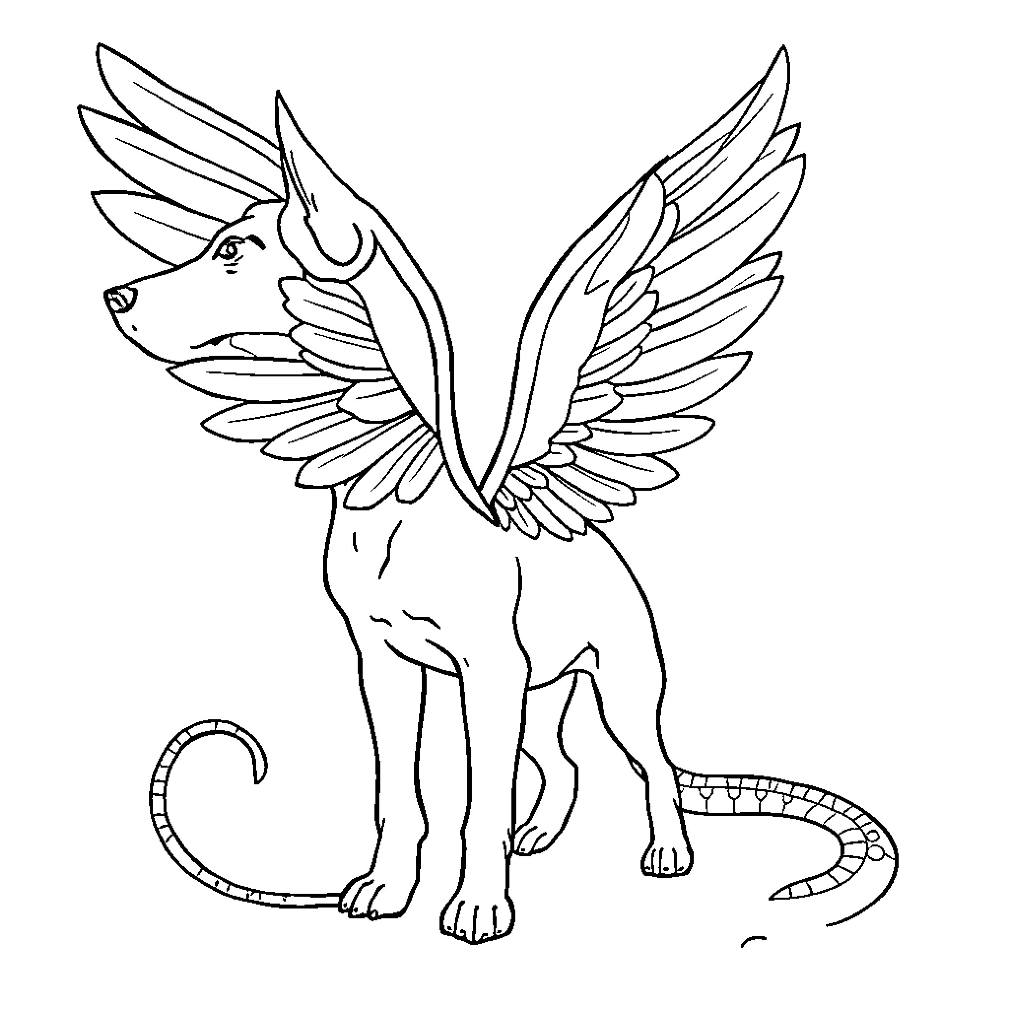 Winged Dog with Majestic Wings Coloring Page (free black-and-white line drawing printable PDF for all, from beginners to advanced learners, including children, teens, adults, and seniors)