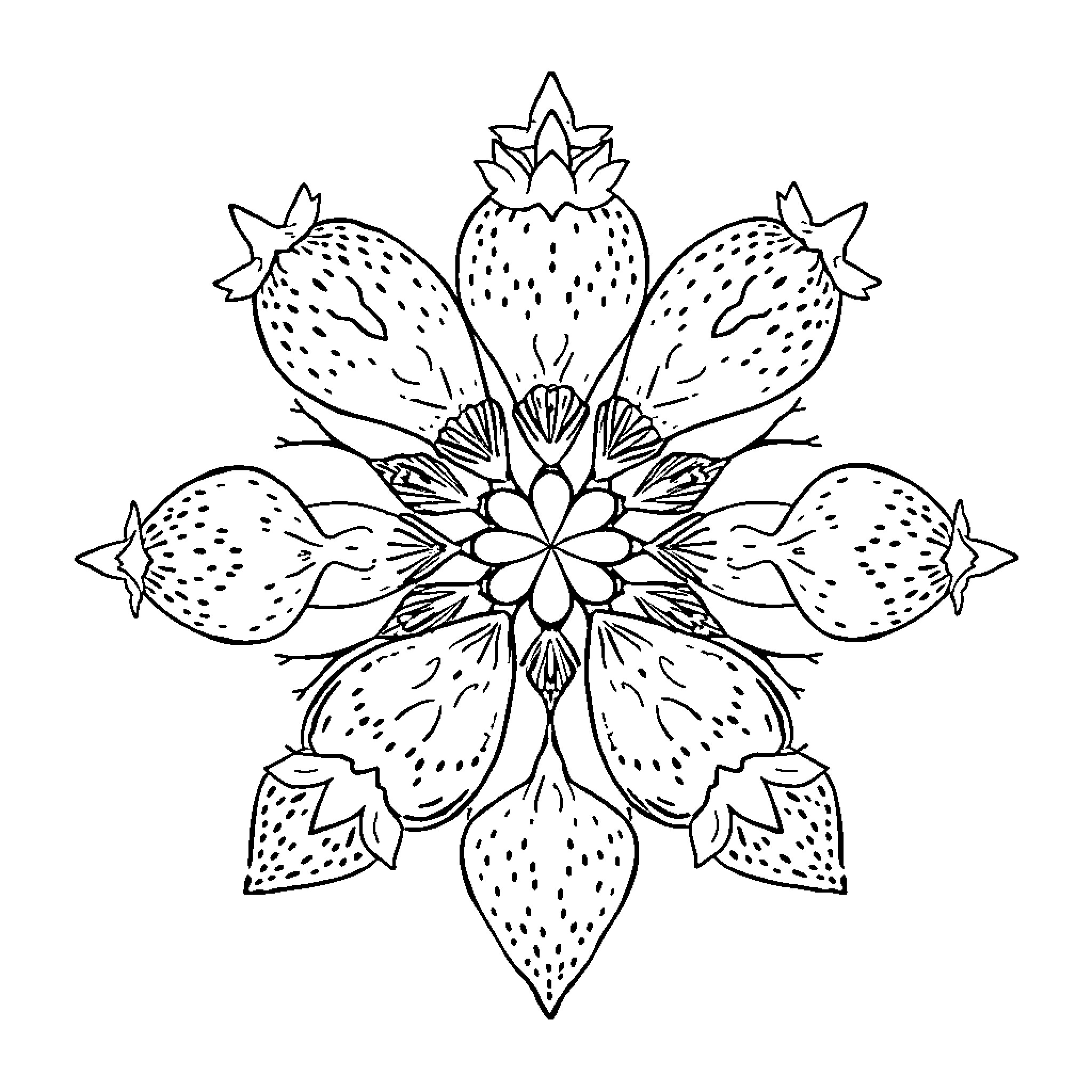 Strawberry Flower Mandala Design Coloring Page (free black-and-white line drawing printable PDF for all, from beginners to advanced learners, including children, teens, adults, and seniors)