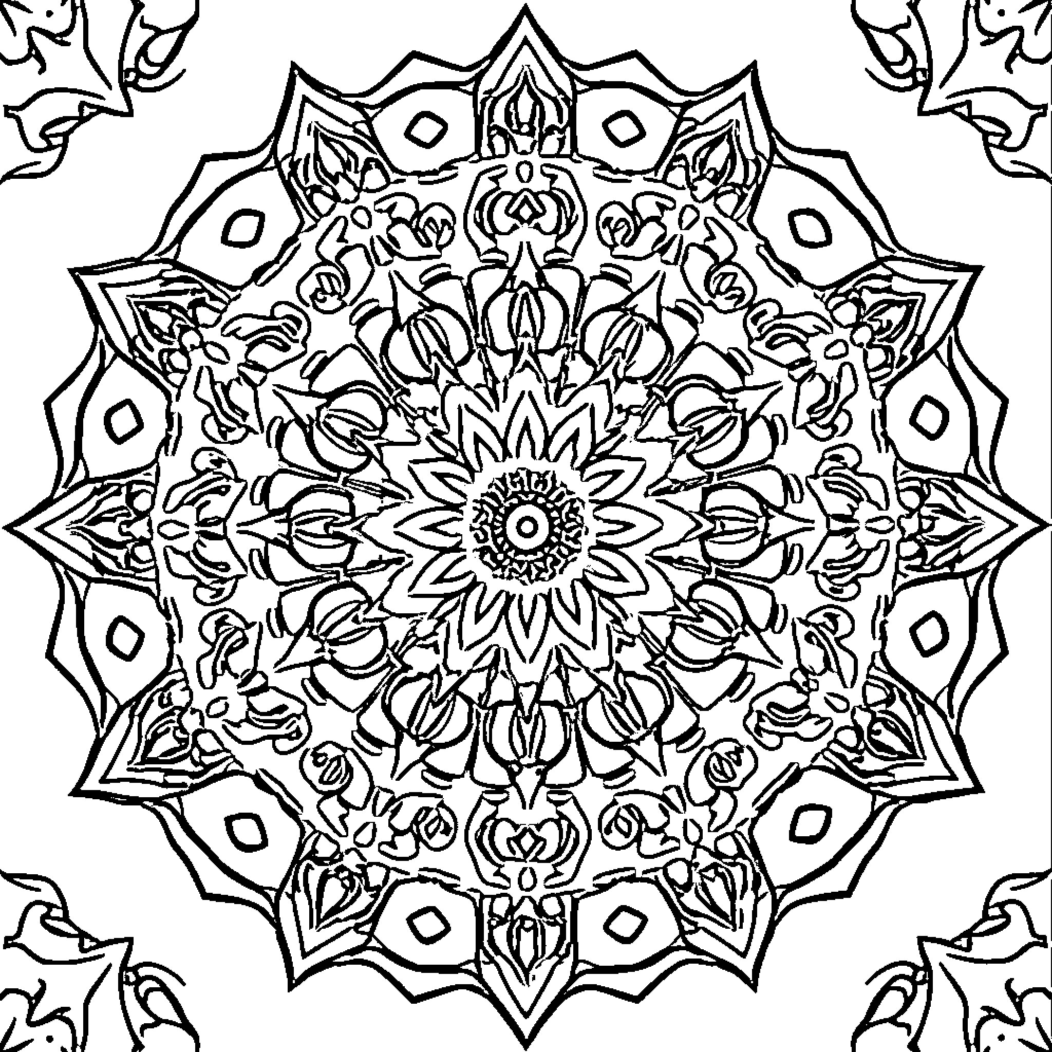 Mandala of intricate floral patterns Coloring Page (free black-and-white line drawing printable PDF for all, from beginners to advanced learners, including children, teens, adults, and seniors)