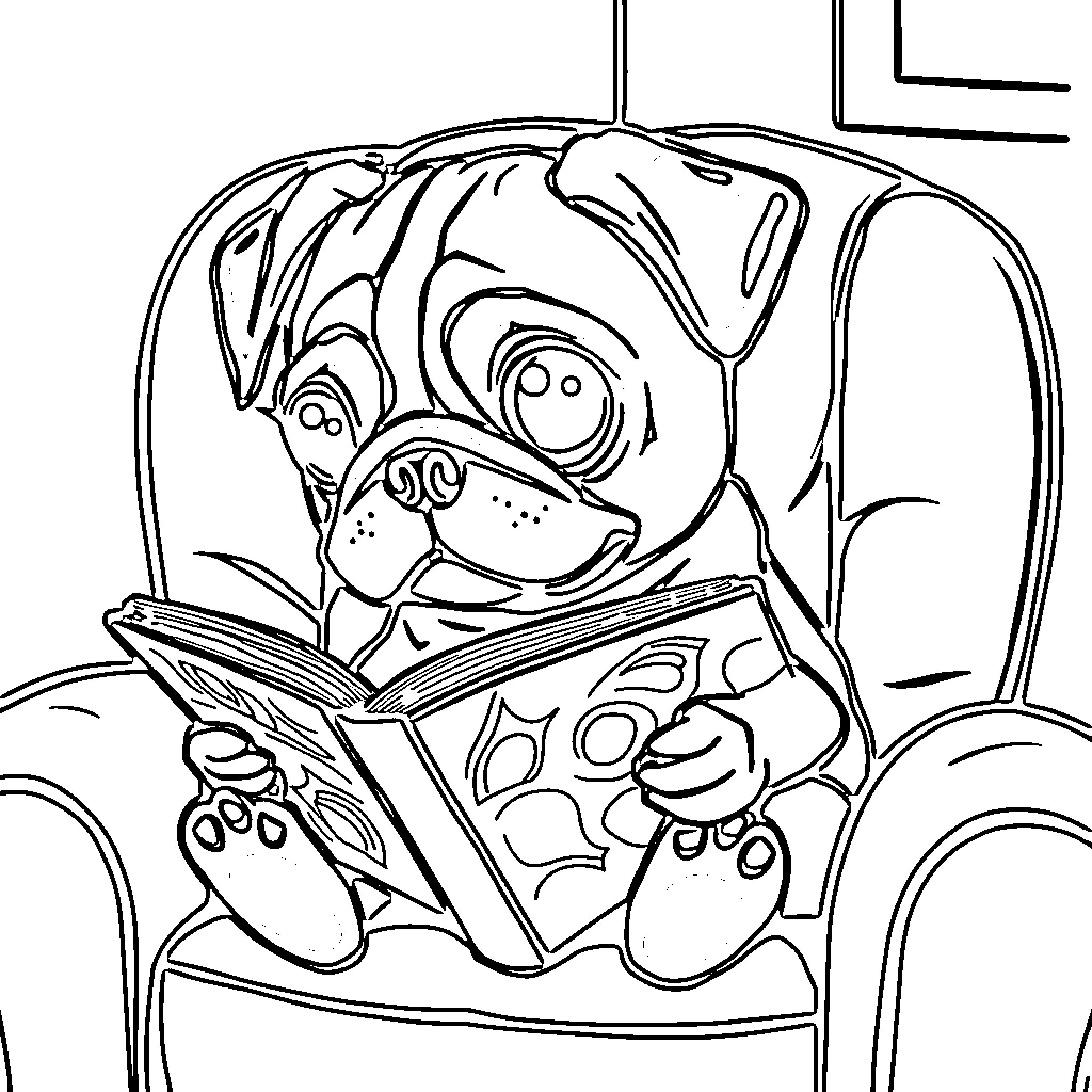 Pug relaxing and reading a book Coloring Page (free black-and-white line drawing printable PDF for all, from beginners to advanced learners, including children, teens, adults, and seniors)