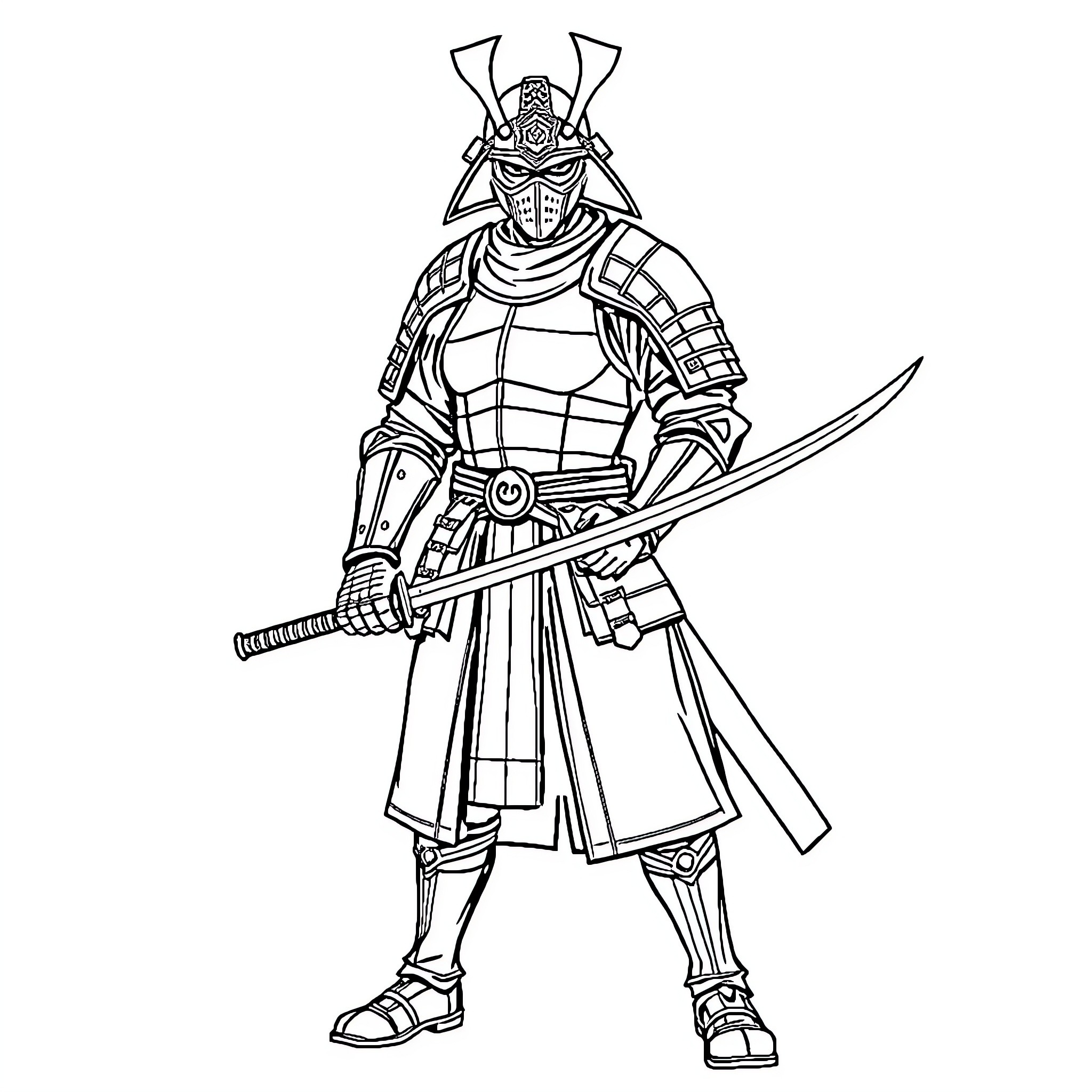 Samurai warrior in traditional armor with swords Coloring Page (free black-and-white line drawing printable PDF for all, from beginners to advanced learners, including children, teens, adults, and seniors)