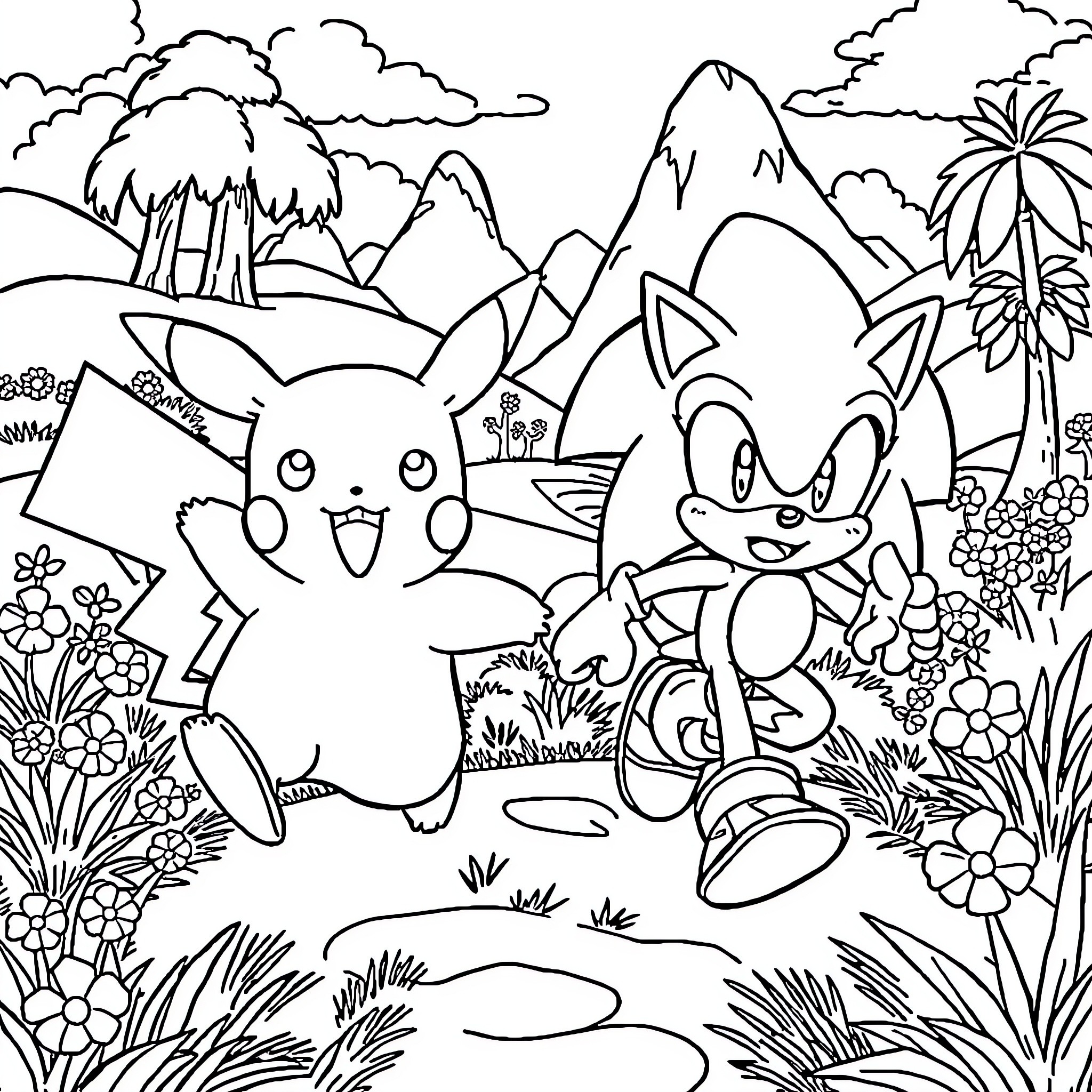 Pokémon characters in a tropical landscape Coloring Page (free black-and-white line drawing printable PDF for all, from beginners to advanced learners, including children, teens, adults, and seniors)