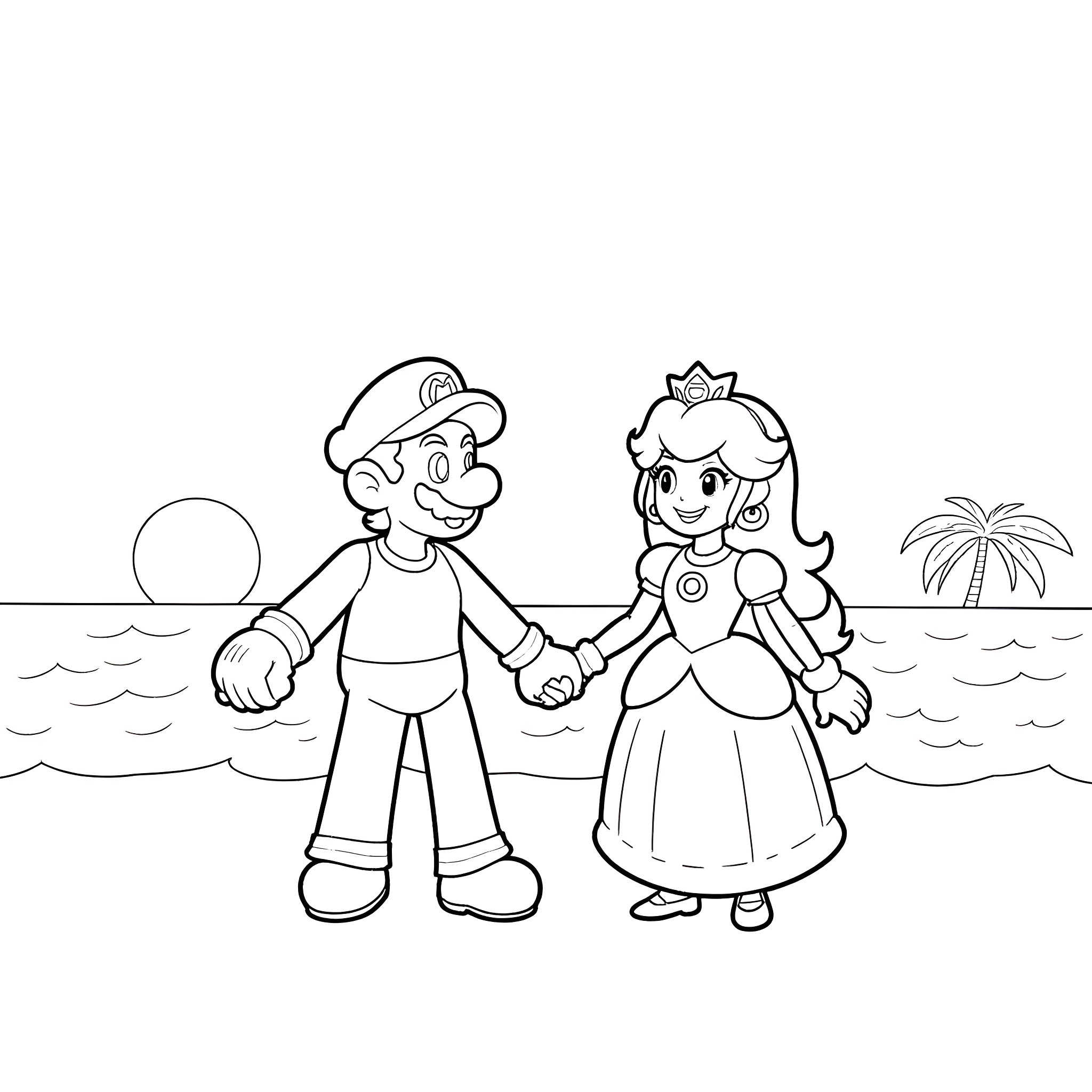 Super Mario and Princess Holding Hands on Beach Coloring Page (free black-and-white line drawing printable PDF for all, from beginners to advanced learners, including children, teens, adults, and seniors)