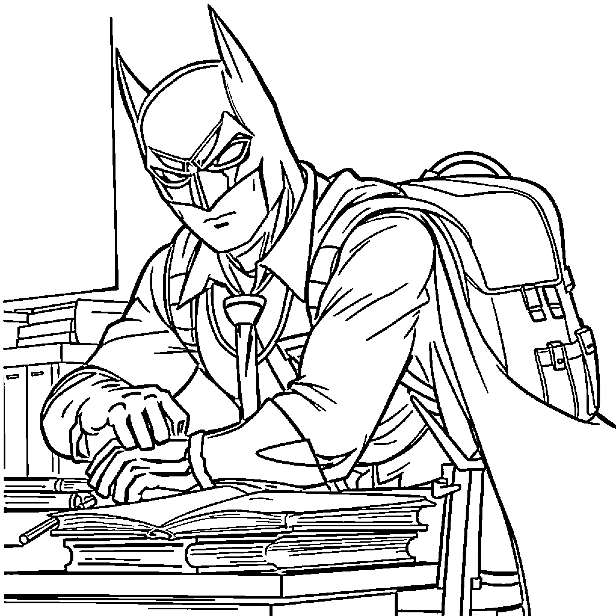 Batman Investigating Mysterious Files Coloring Page (free black-and-white line drawing printable PDF for all, from beginners to advanced learners, including children, teens, adults, and seniors)