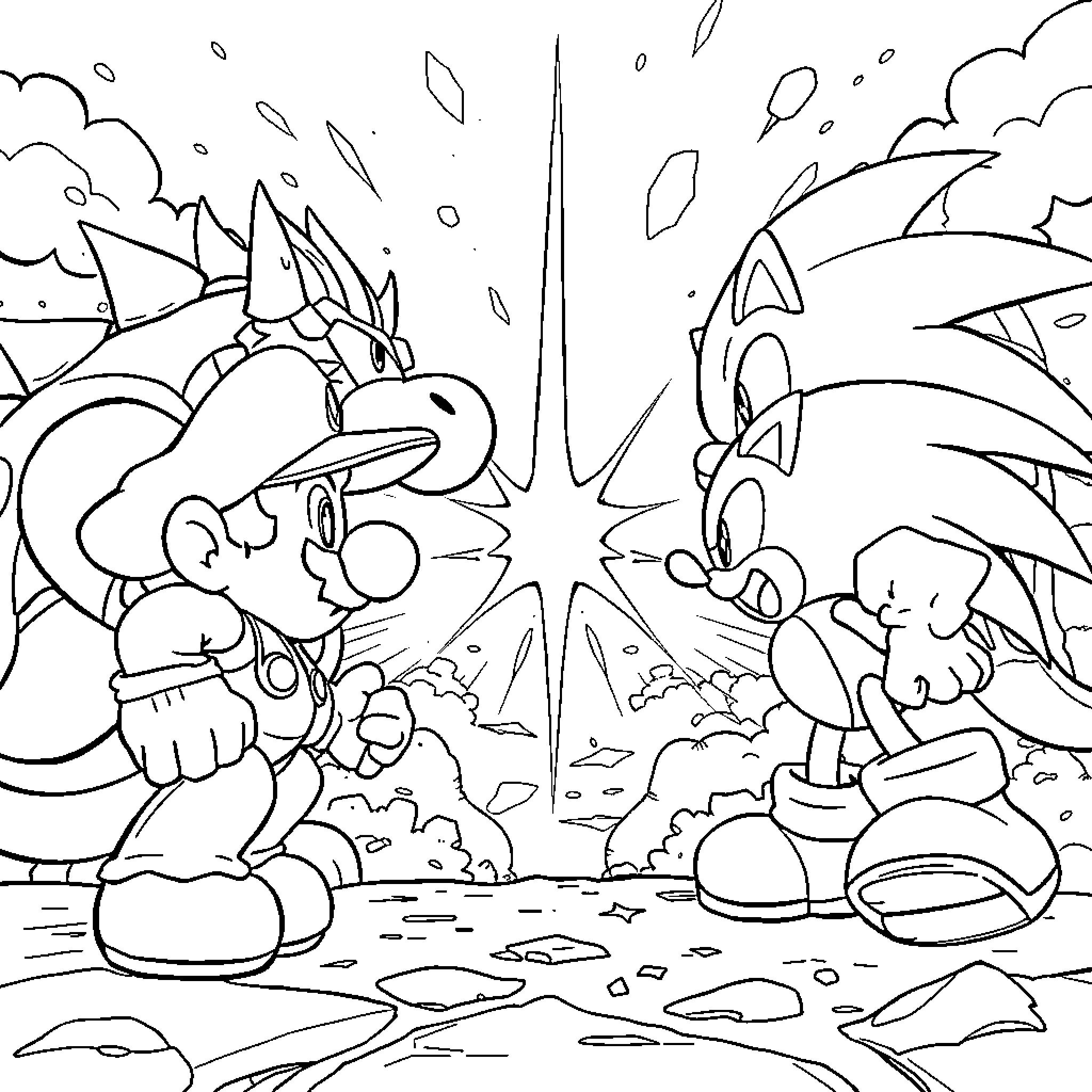 Super Mario and Sonic's Clash in the Mushroom Kingdom Coloring Page (free black-and-white line drawing printable PDF for all, from beginners to advanced learners, including children, teens, adults, and seniors)