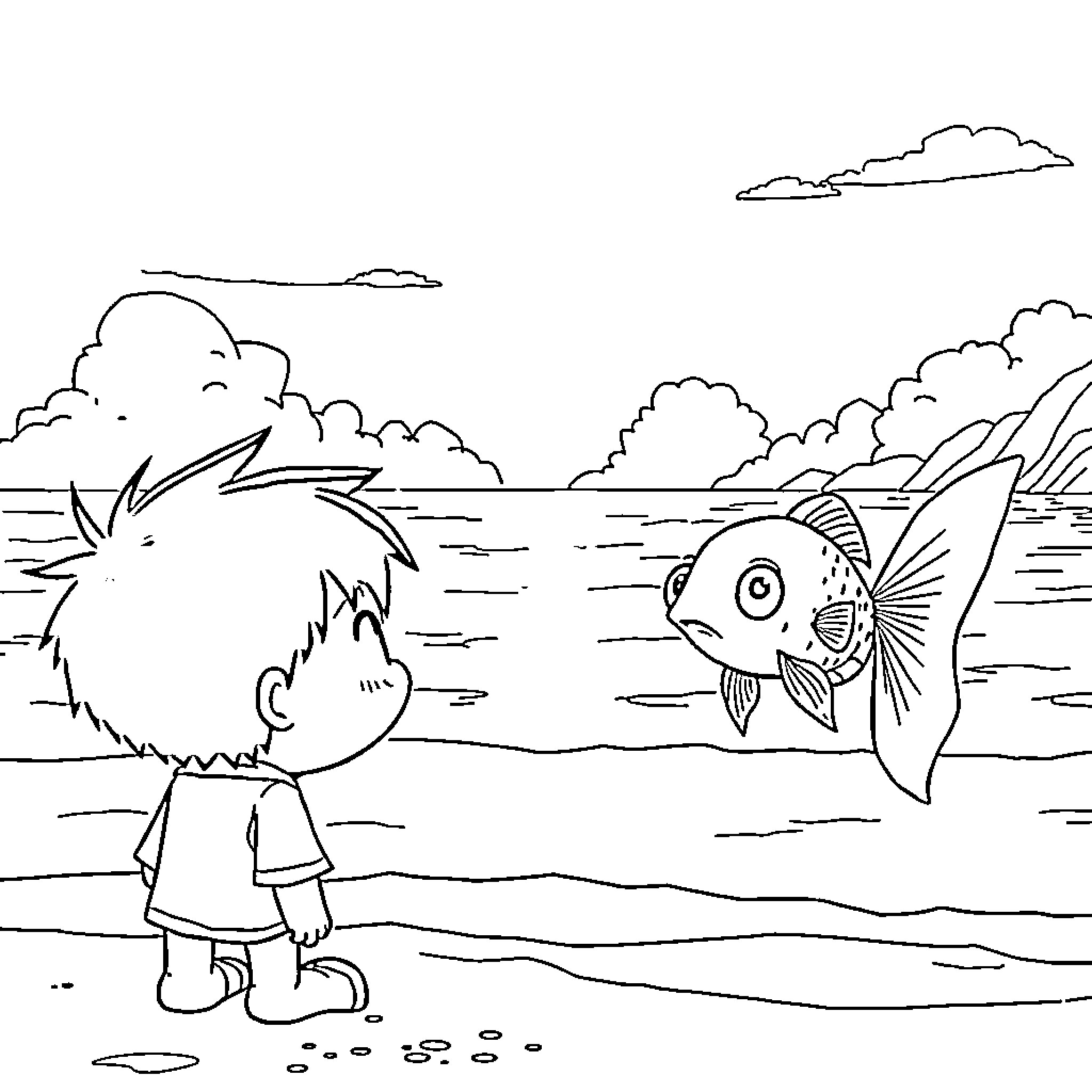 Ponyo and the Giant Fish by the Ocean Coloring Page (free black-and-white line drawing printable PDF for all, from beginners to advanced learners, including children, teens, adults, and seniors)