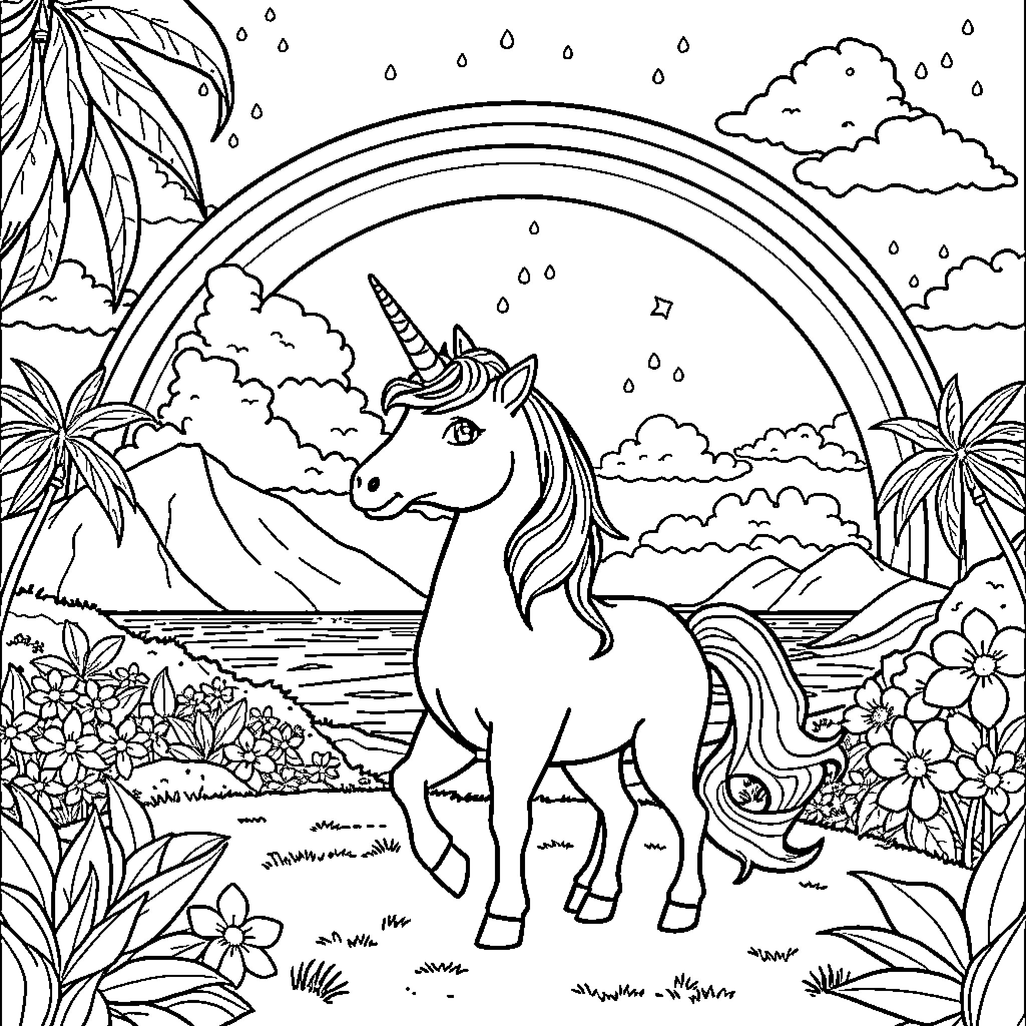 Unicorn in a Magical Tropical Landscape Coloring Page (free black-and-white line drawing printable PDF for all, from beginners to advanced learners, including children, teens, adults, and seniors)