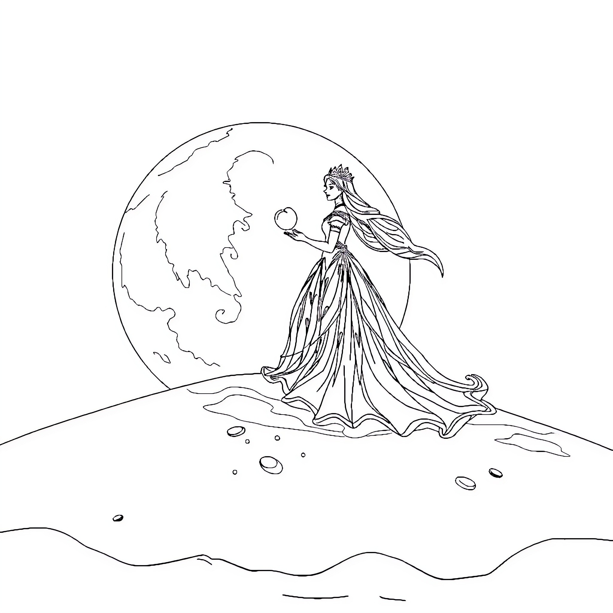 Snow Queen Holding Magical Orb Coloring Page (free black-and-white line drawing printable PDF for all, from beginners to advanced learners, including children, teens, adults, and seniors)