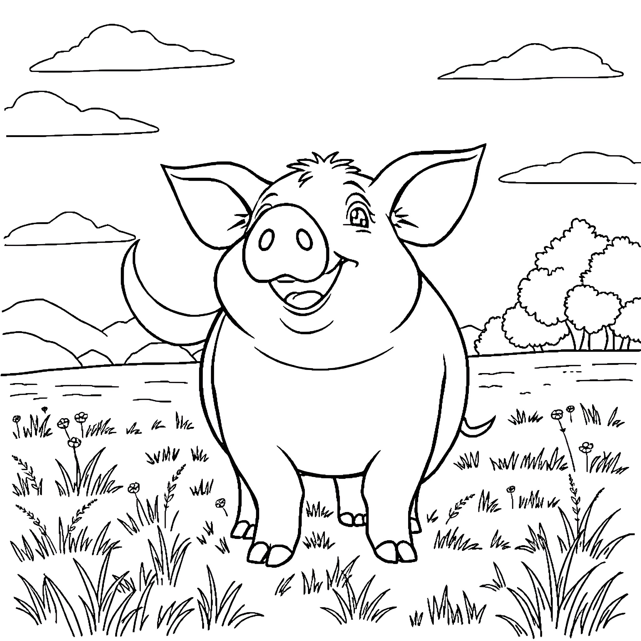 Pig enjoying the outdoors in a natural setting Coloring Page (free black-and-white line drawing printable PDF for all, from beginners to advanced learners, including children, teens, adults, and seniors)