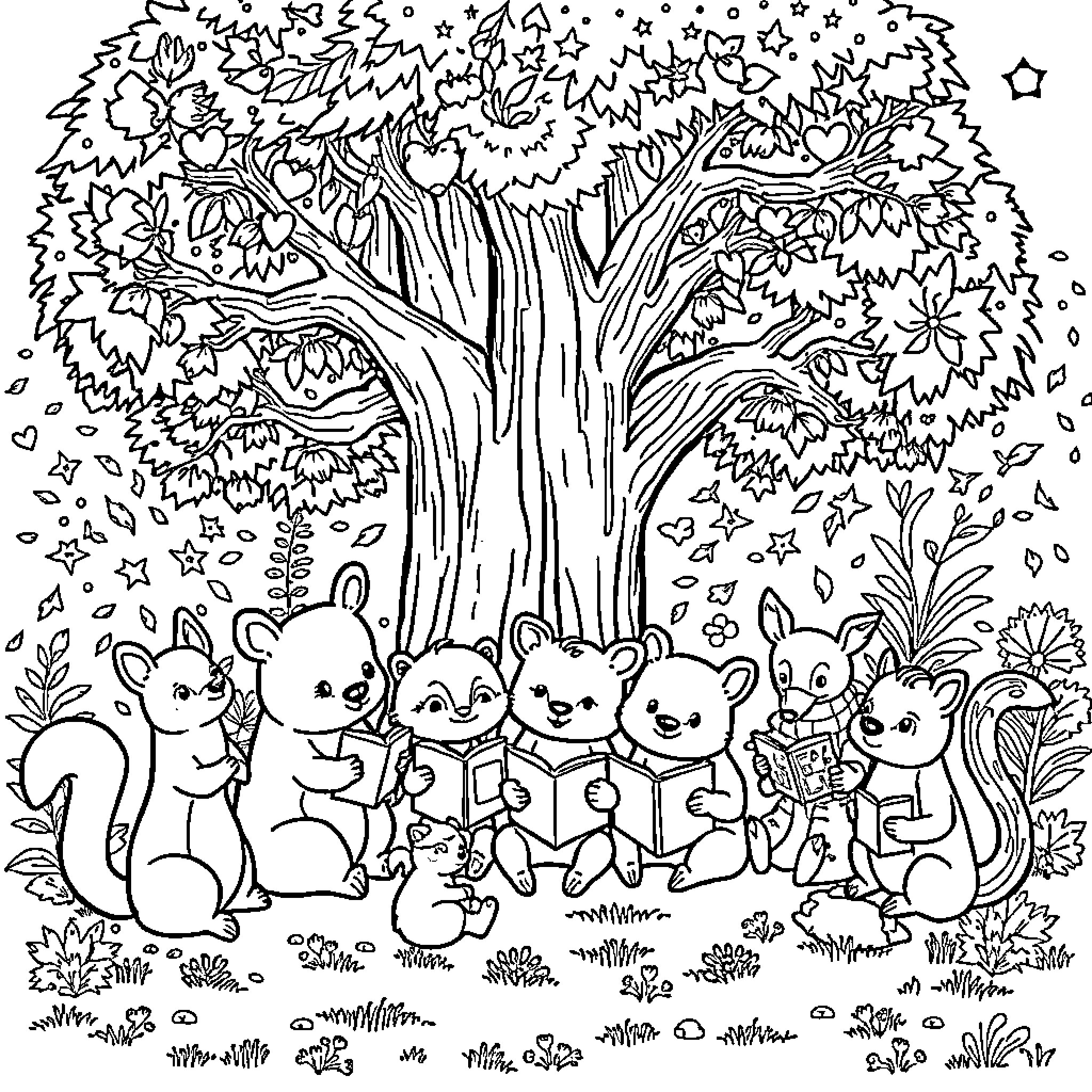 Forest Animal Family Gathers Under a Cozy Tree Coloring Page (free black-and-white line drawing printable PDF for all, from beginners to advanced learners, including children, teens, adults, and seniors)