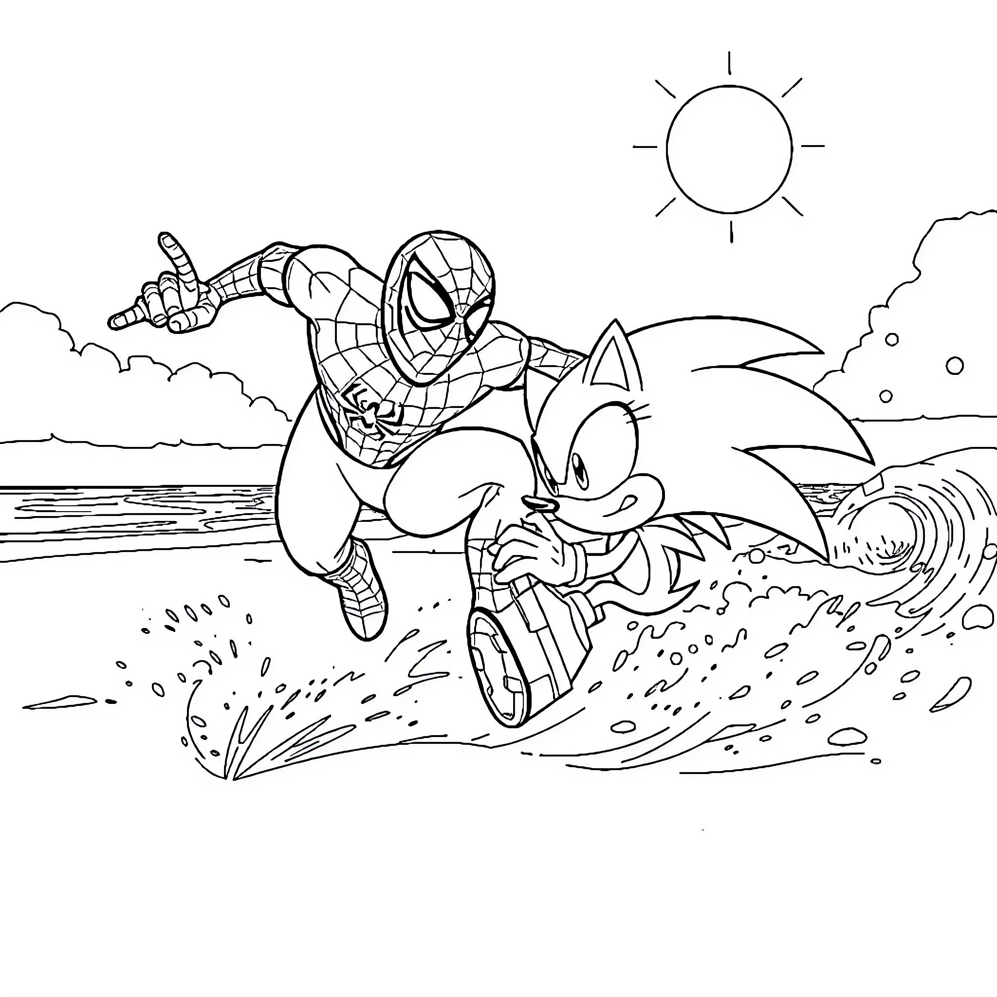 Spiderman and Sonic race on the beach Coloring Page (free black-and-white line drawing printable PDF for all, from beginners to advanced learners, including children, teens, adults, and seniors)