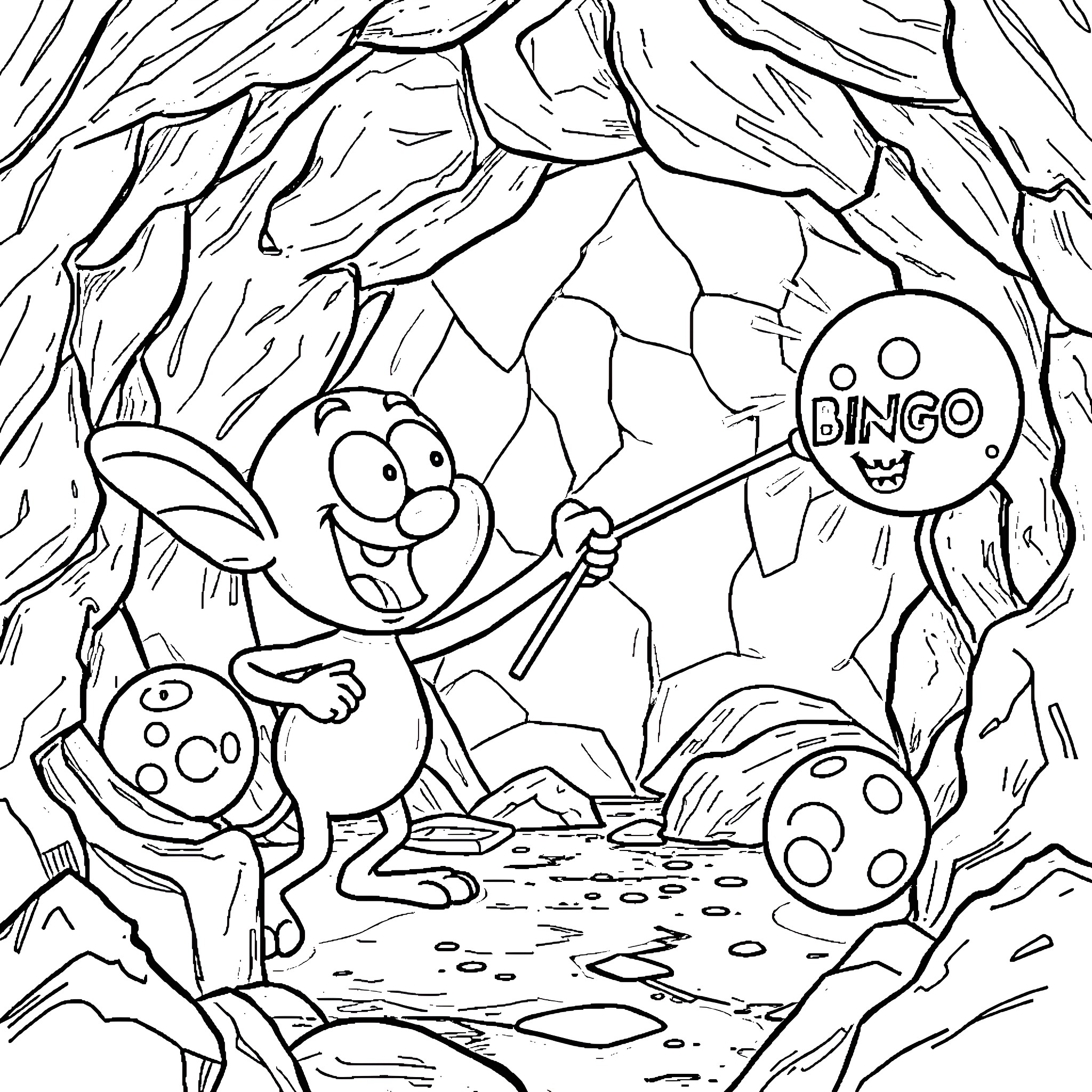 Bluey's Bingo Adventure in the Magical Forest Coloring Page (free black-and-white line drawing printable PDF for all, from beginners to advanced learners, including children, teens, adults, and seniors)