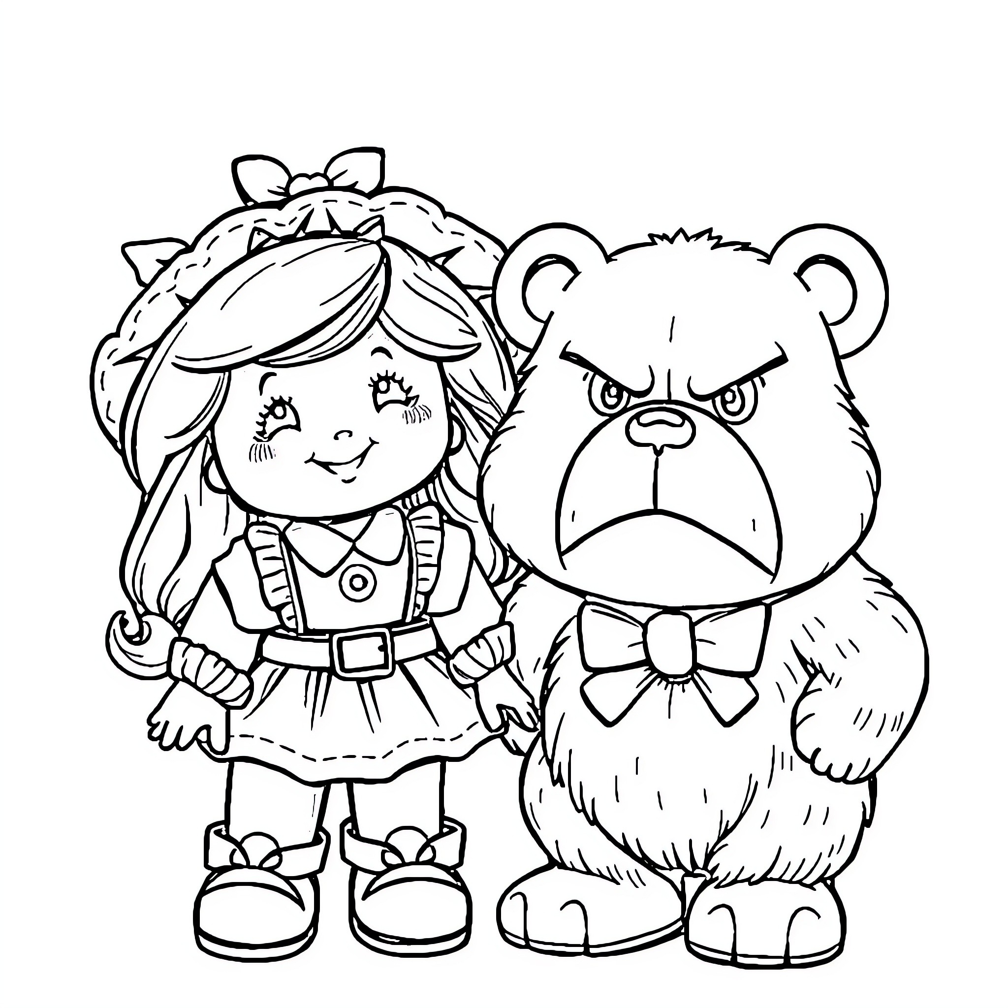 Strawberry Shortcake posing with a grumpy teddy bear Coloring Page (free black-and-white line drawing printable PDF for all, from beginners to advanced learners, including children, teens, adults, and seniors)