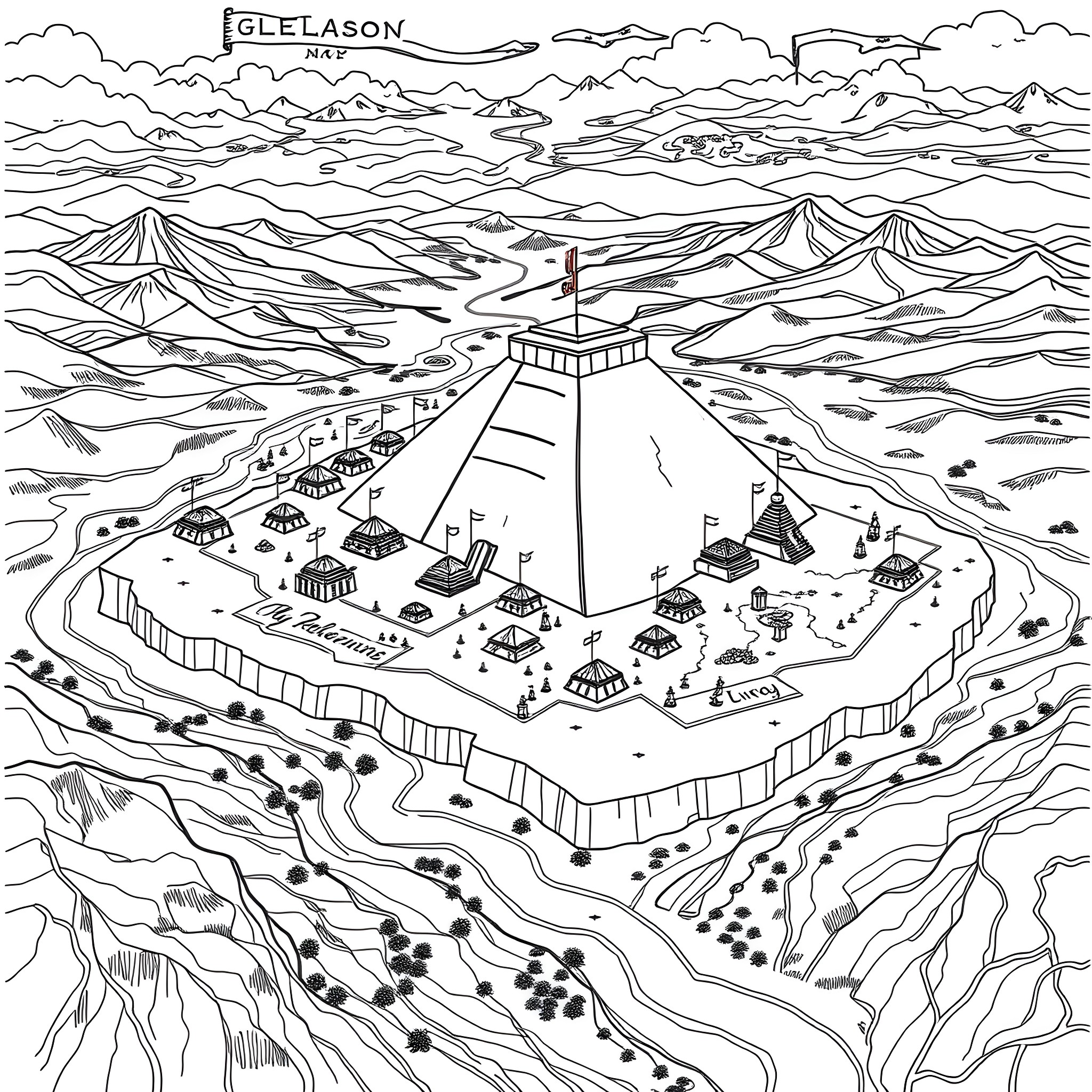 Map of a mountain village with tents and structures Coloring Page (free black-and-white line drawing printable PDF for all, from beginners to advanced learners, including children, teens, adults, and seniors)