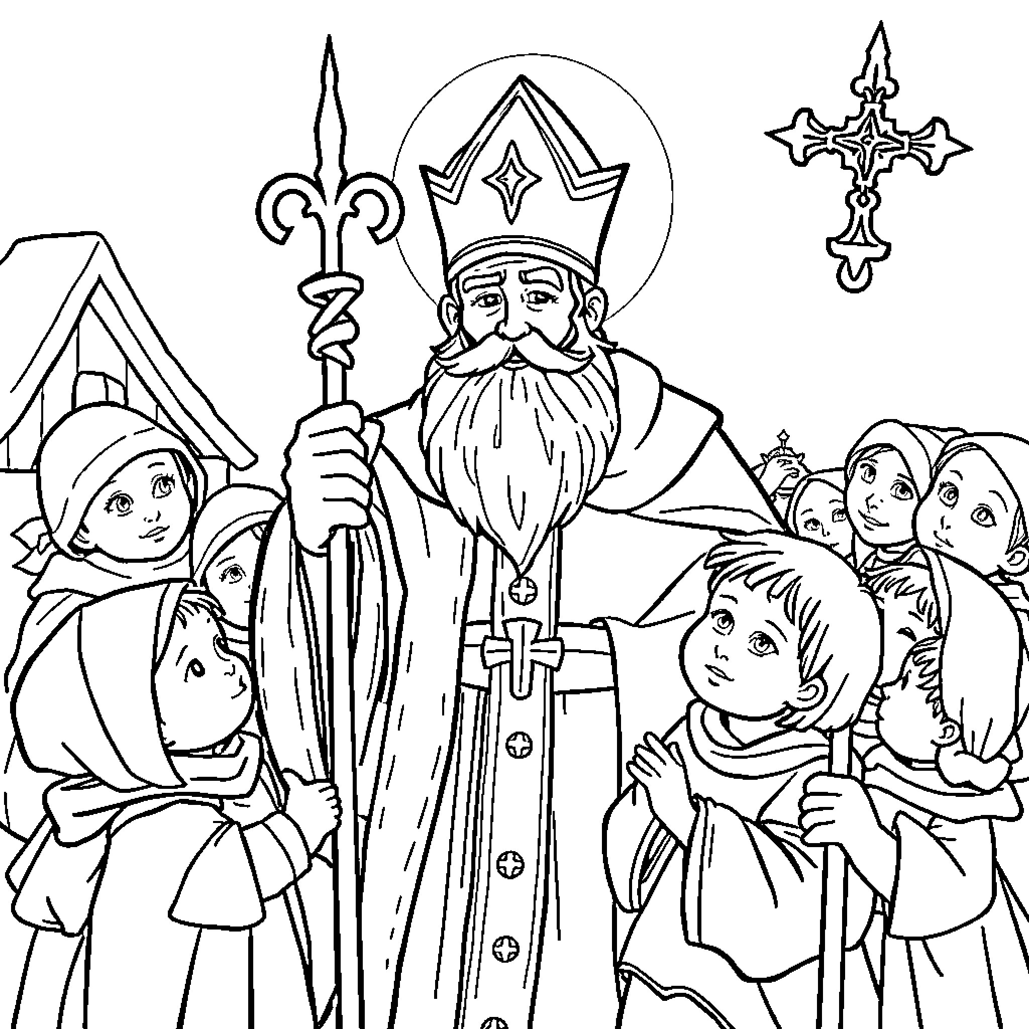 Saint Nicholas with Children in Holiday Attire Coloring Page (free black-and-white line drawing printable PDF for all, from beginners to advanced learners, including children, teens, adults, and seniors)