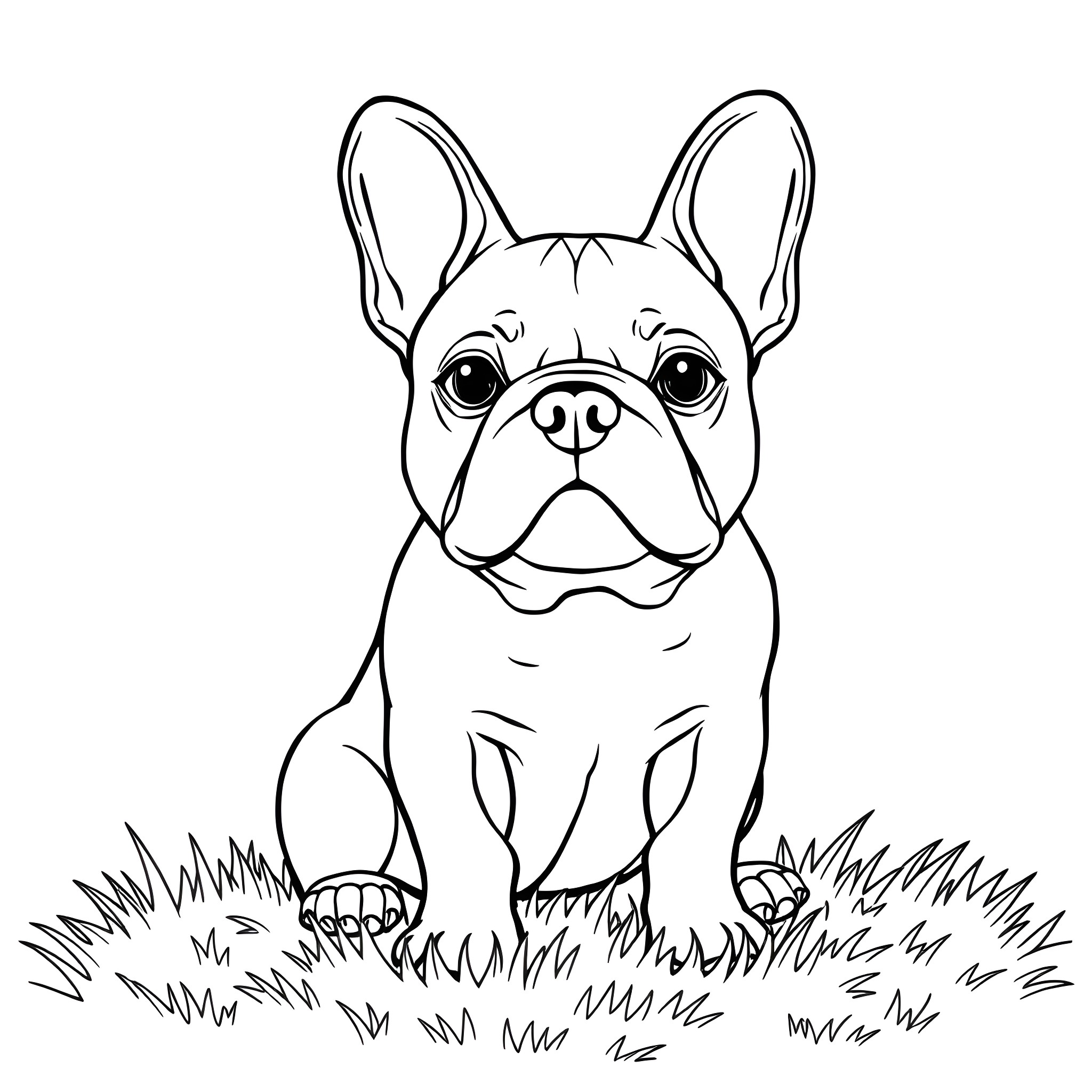 French Bulldog sitting in the grass Coloring Page (free black-and-white line drawing printable PDF for all, from beginners to advanced learners, including children, teens, adults, and seniors)