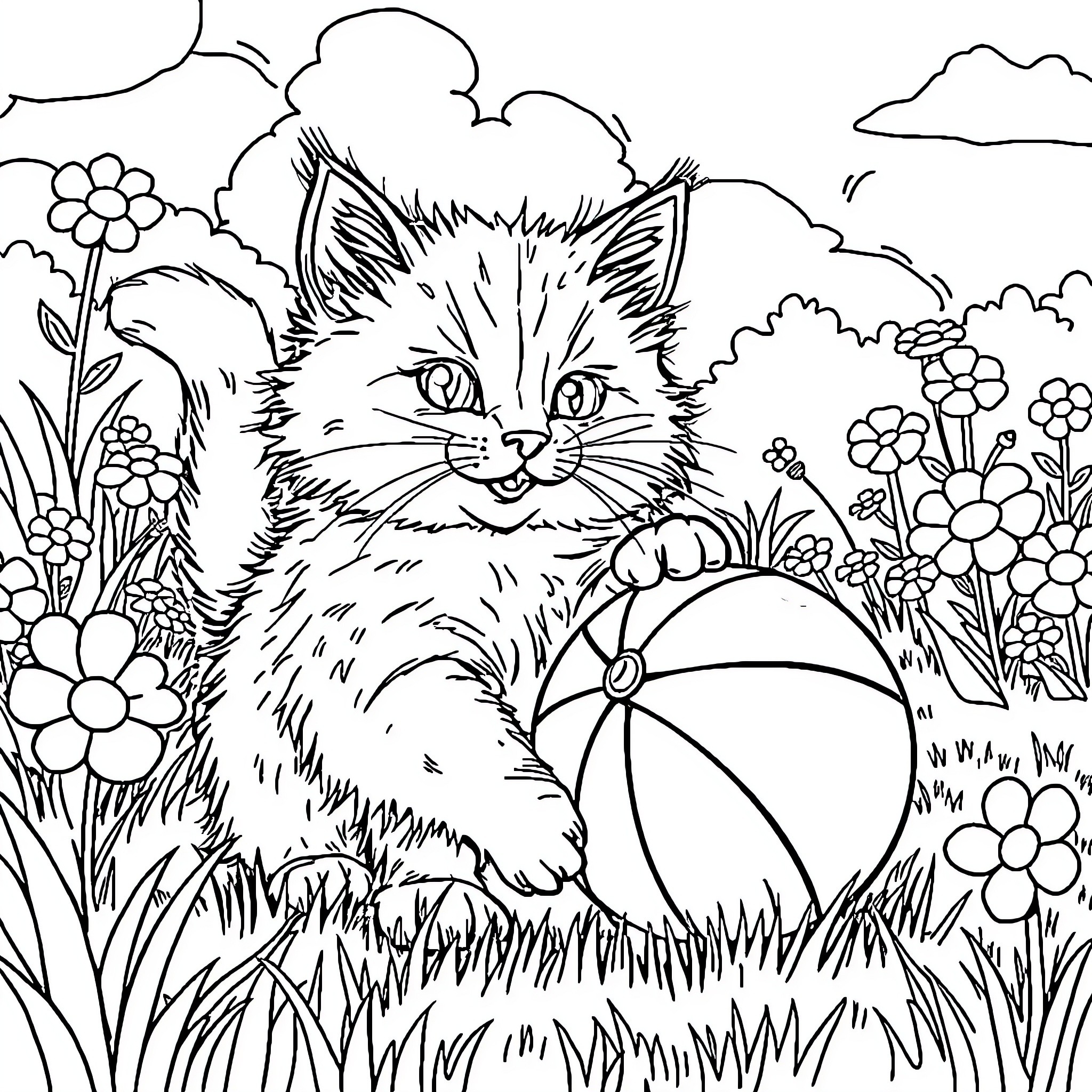 Cat playing with ball in floral garden Coloring Page (free black-and-white line drawing printable PDF for all, from beginners to advanced learners, including children, teens, adults, and seniors)