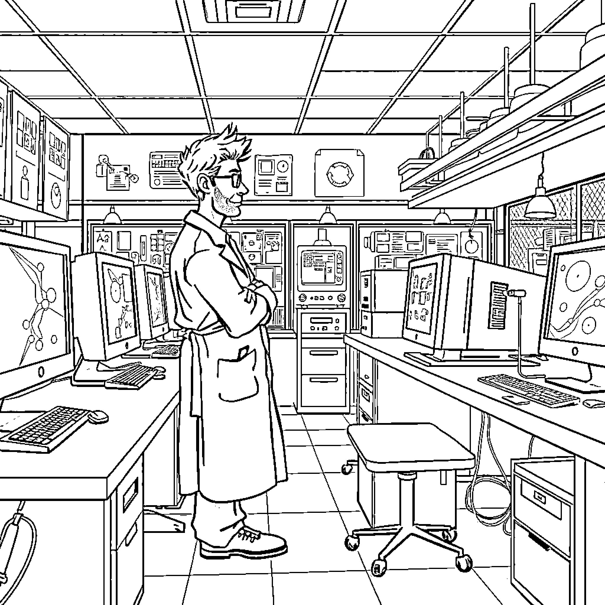 Professor in a Cluttered Tech Lab Coloring Page (free black-and-white line drawing printable PDF for all, from beginners to advanced learners, including children, teens, adults, and seniors)