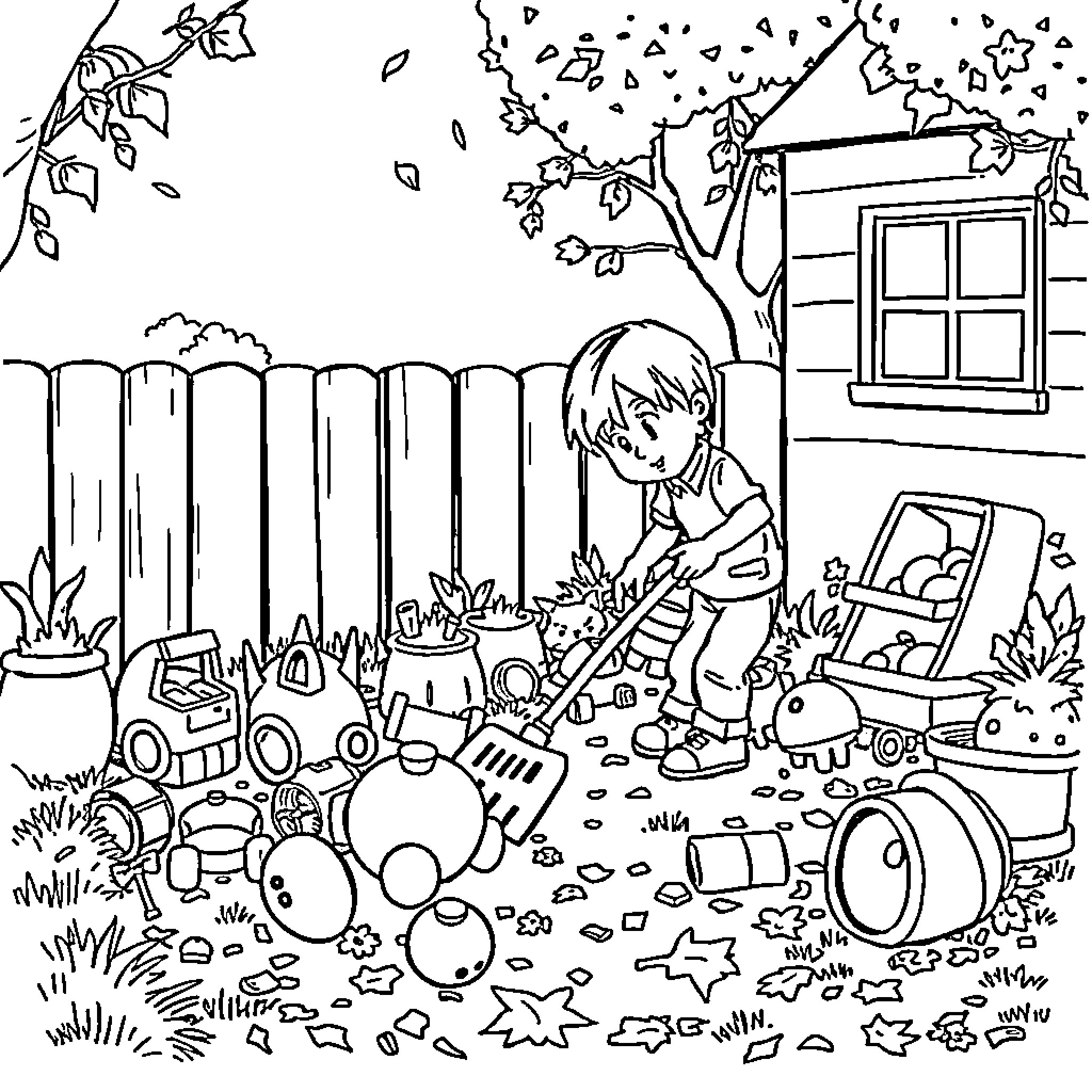 Kid playing with toys in the yard Coloring Page (free black-and-white line drawing printable PDF for all, from beginners to advanced learners, including children, teens, adults, and seniors)