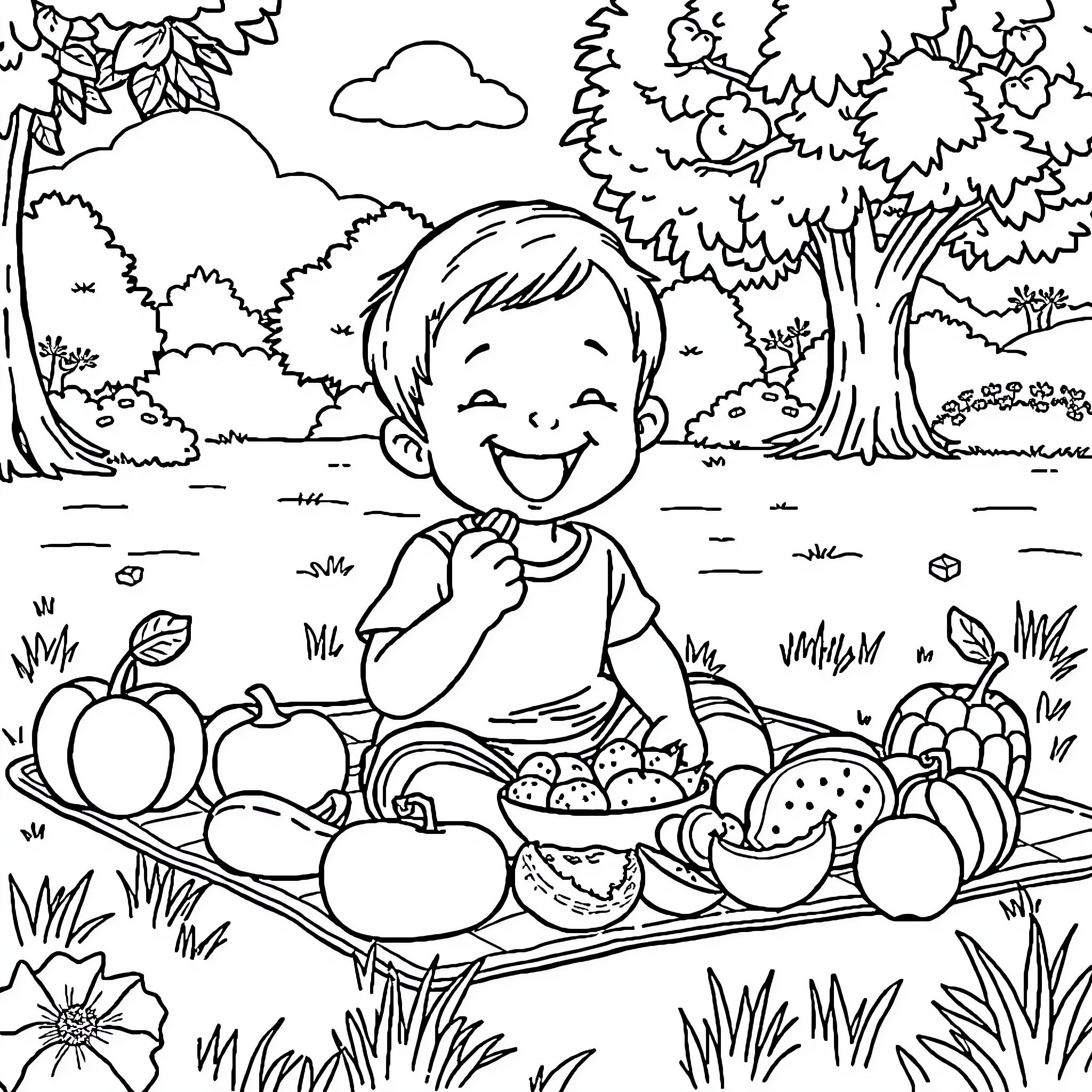 Kid enjoying nature with basket of fruits Coloring Page (free black-and-white line drawing printable PDF for all, from beginners to advanced learners, including children, teens, adults, and seniors)