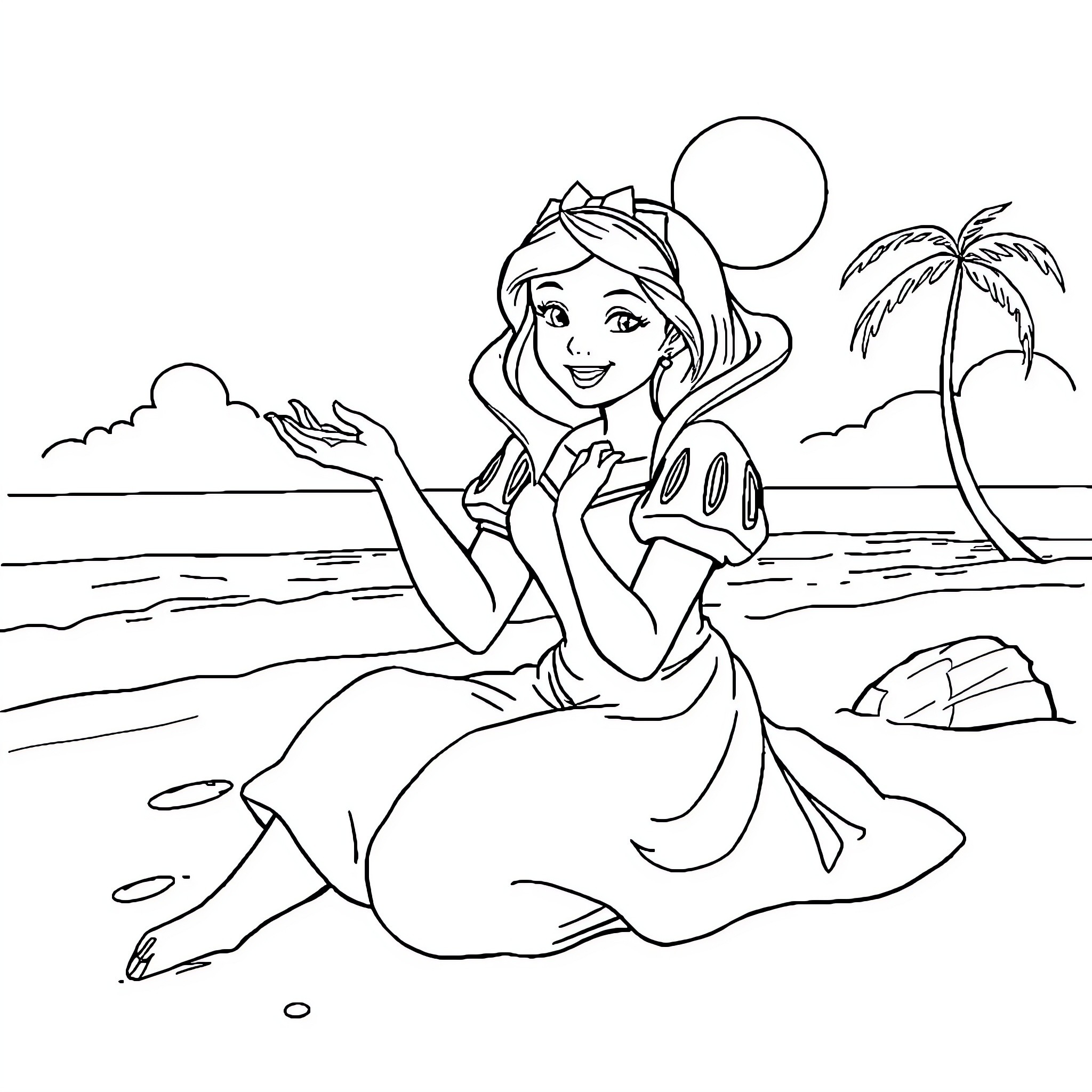 Snow White enjoys a sunny day at the beach Coloring Page (free black-and-white line drawing printable PDF for all, from beginners to advanced learners, including children, teens, adults, and seniors)