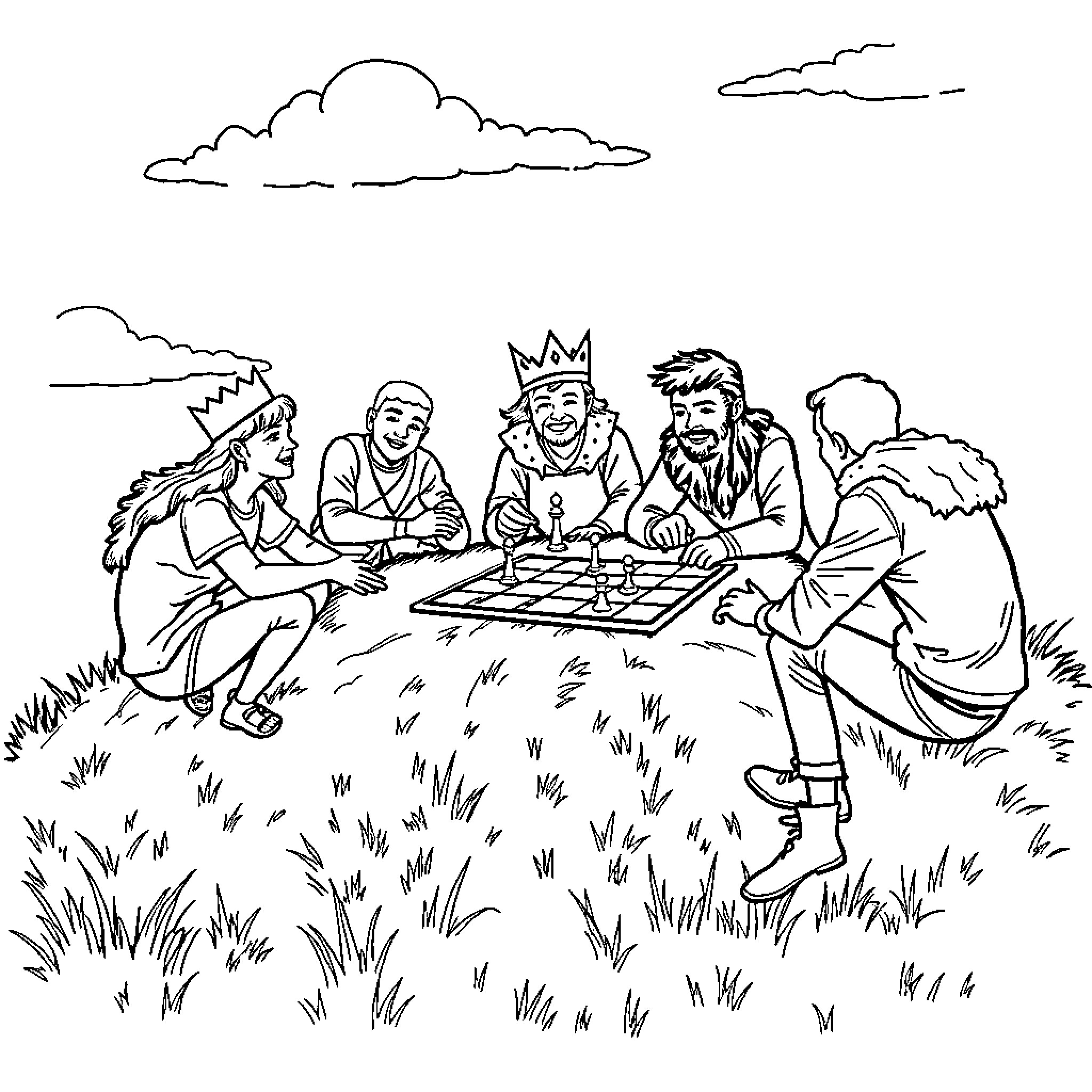 King and his court playing a board game in the meadow Coloring Page (free black-and-white line drawing printable PDF for all, from beginners to advanced learners, including children, teens, adults, and seniors)
