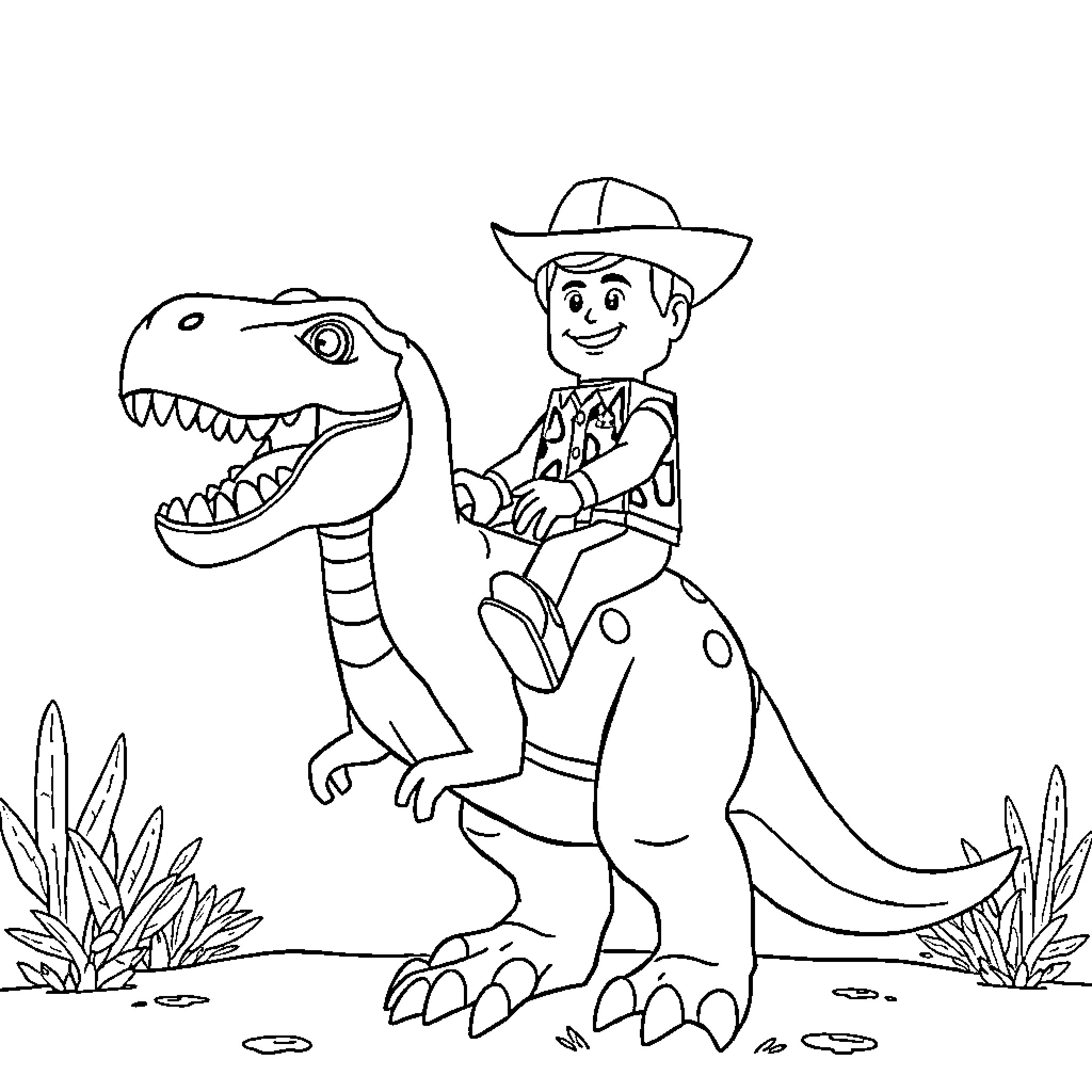 Woody's Prehistoric Adventure with Dinosaur Friend Coloring Page (free black-and-white line drawing printable PDF for all, from beginners to advanced learners, including children, teens, adults, and seniors)