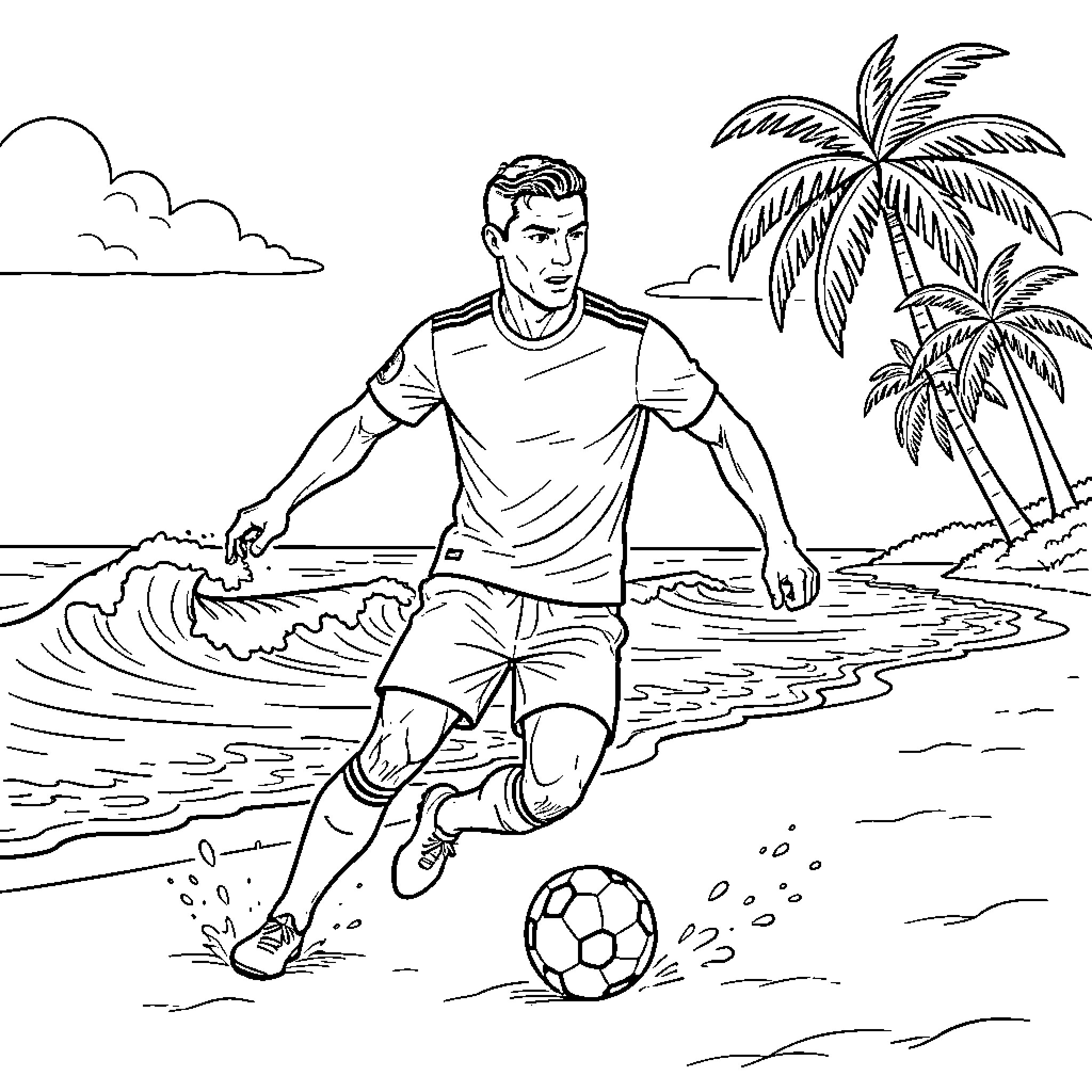 Ronaldo playing soccer on a tropical beach Coloring Page (free black-and-white line drawing printable PDF for all, from beginners to advanced learners, including children, teens, adults, and seniors)