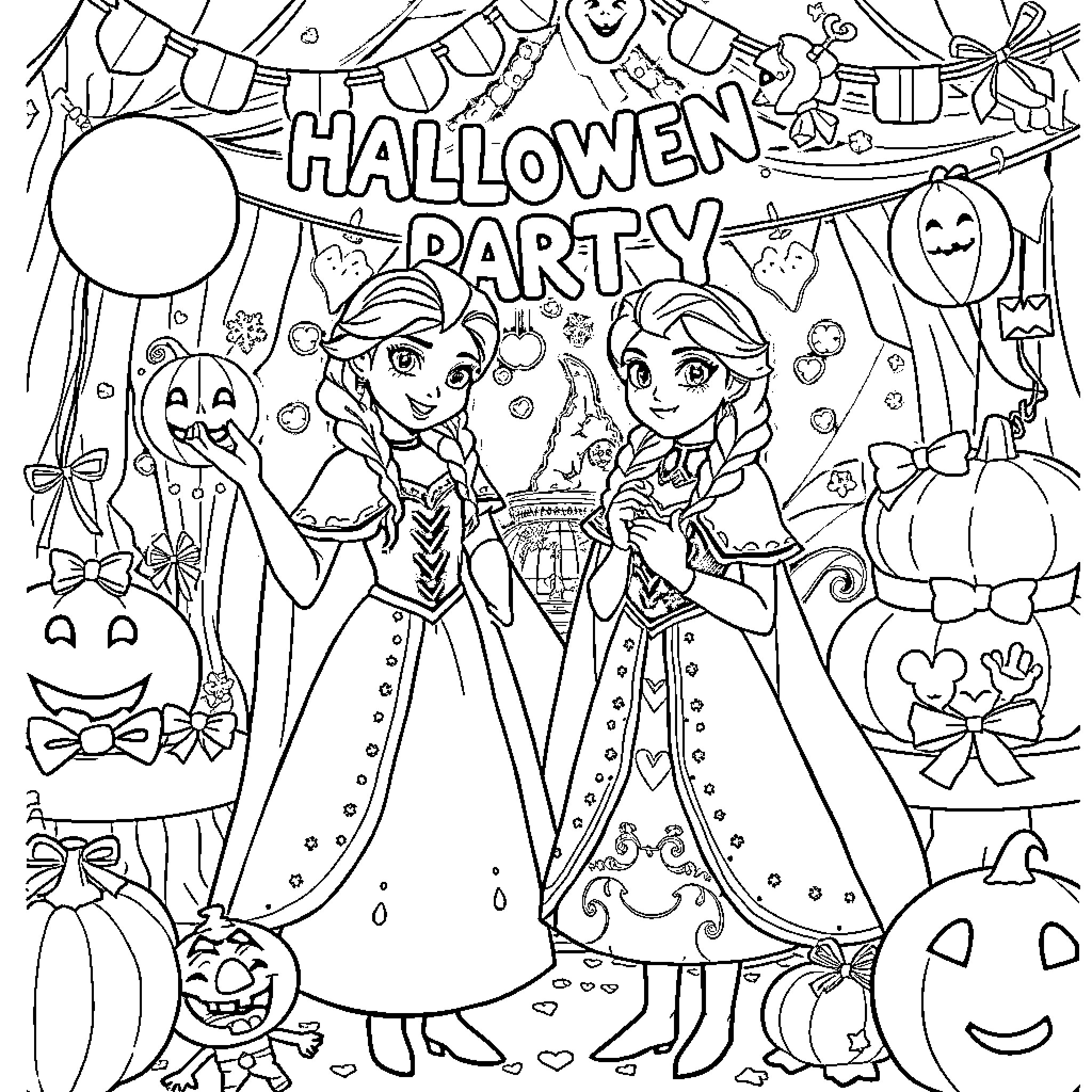 Elsa and Anna at a Halloween party Coloring Page (free black-and-white line drawing printable PDF for all, from beginners to advanced learners, including children, teens, adults, and seniors)