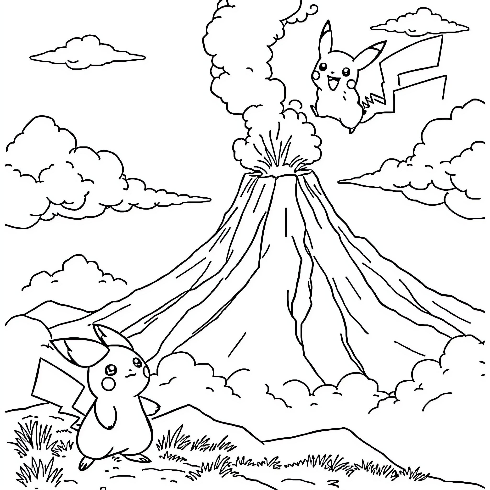Salamander Pokemon Battling Volcanic Eruption Coloring Page (free black-and-white line drawing printable PDF for all, from beginners to advanced learners, including children, teens, adults, and seniors)