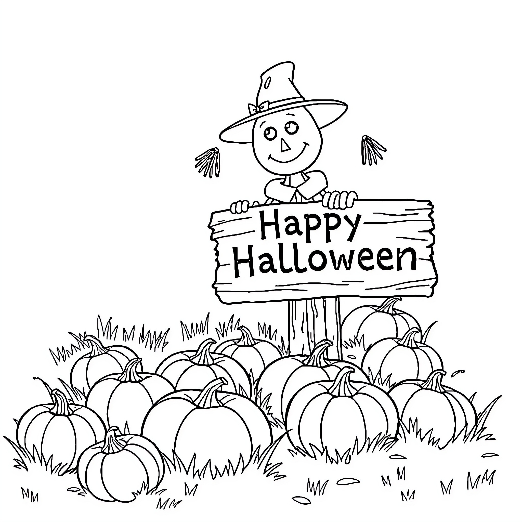 Pumpkin patch with Halloween scarecrow Coloring Page (free black-and-white line drawing printable PDF for all, from beginners to advanced learners, including children, teens, adults, and seniors)