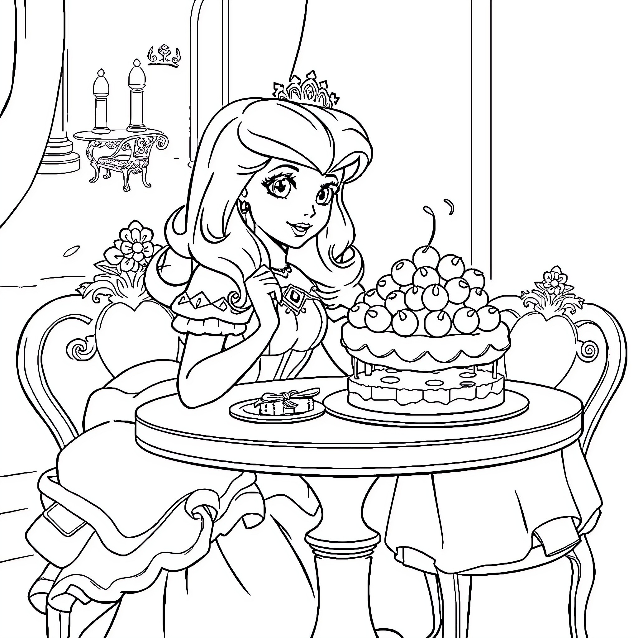 Princess enjoying a delightful dessert in her palace Coloring Page (free black-and-white line drawing printable PDF for all, from beginners to advanced learners, including children, teens, adults, and seniors)