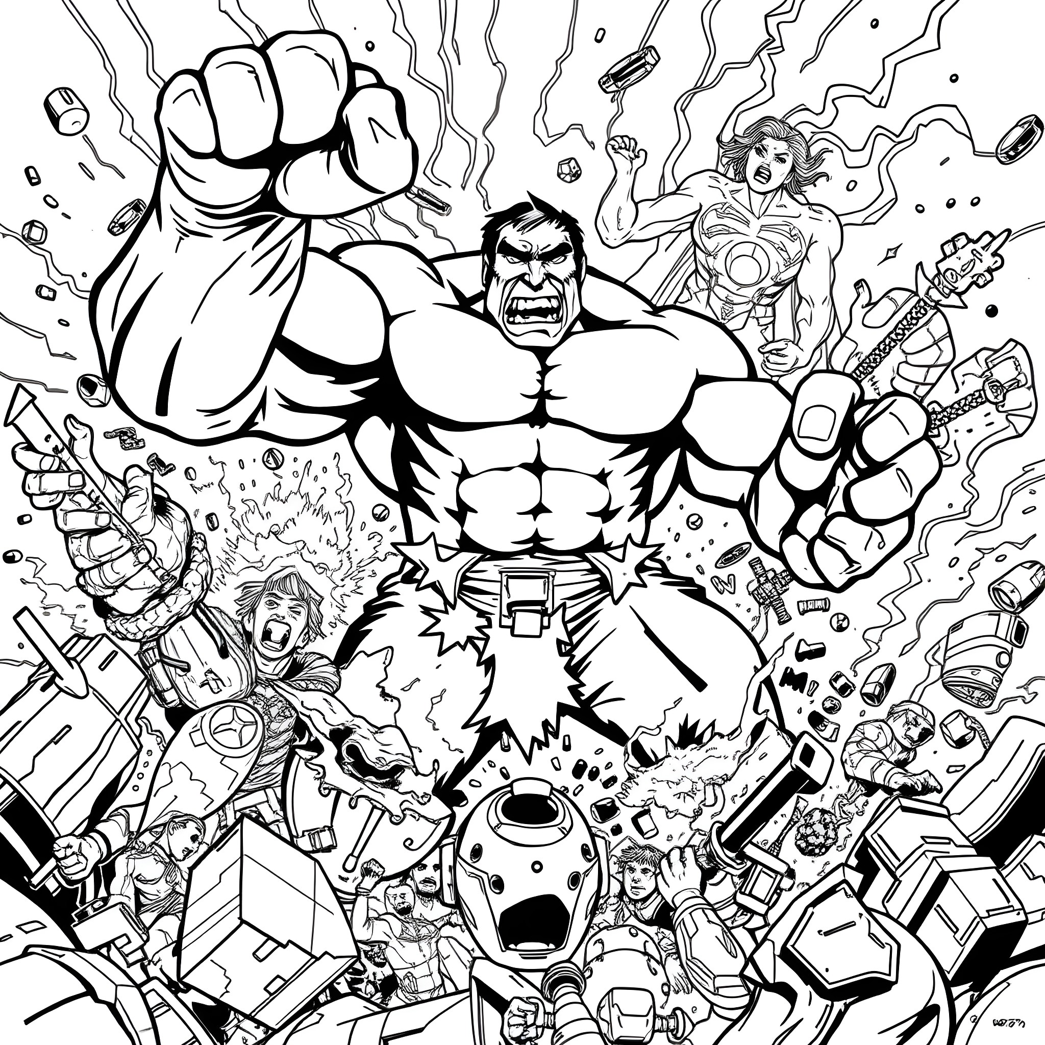 Character battle in chaotic sci-fi scene Coloring Page (free black-and-white line drawing printable PDF for all, from beginners to advanced learners, including children, teens, adults, and seniors)