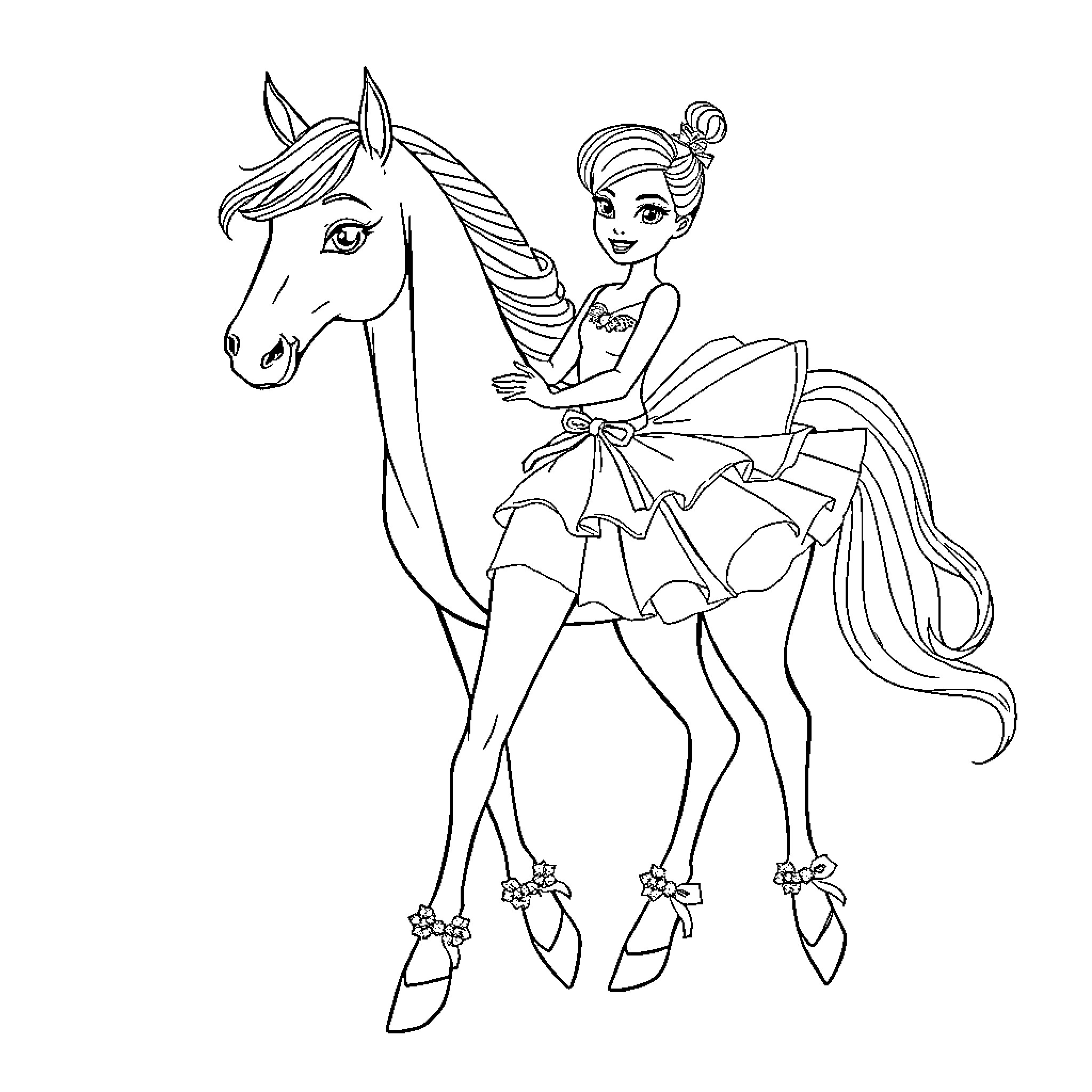 Barbie riding a unicorn in a fancy dress Coloring Page (free black-and-white line drawing printable PDF for all, from beginners to advanced learners, including children, teens, adults, and seniors)