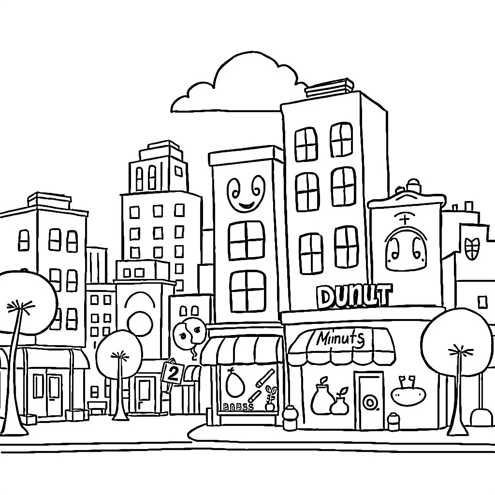 City with Shops and Lively Storefronts Coloring Page (free black-and-white line drawing printable PDF for all, from beginners to advanced learners, including children, teens, adults, and seniors)