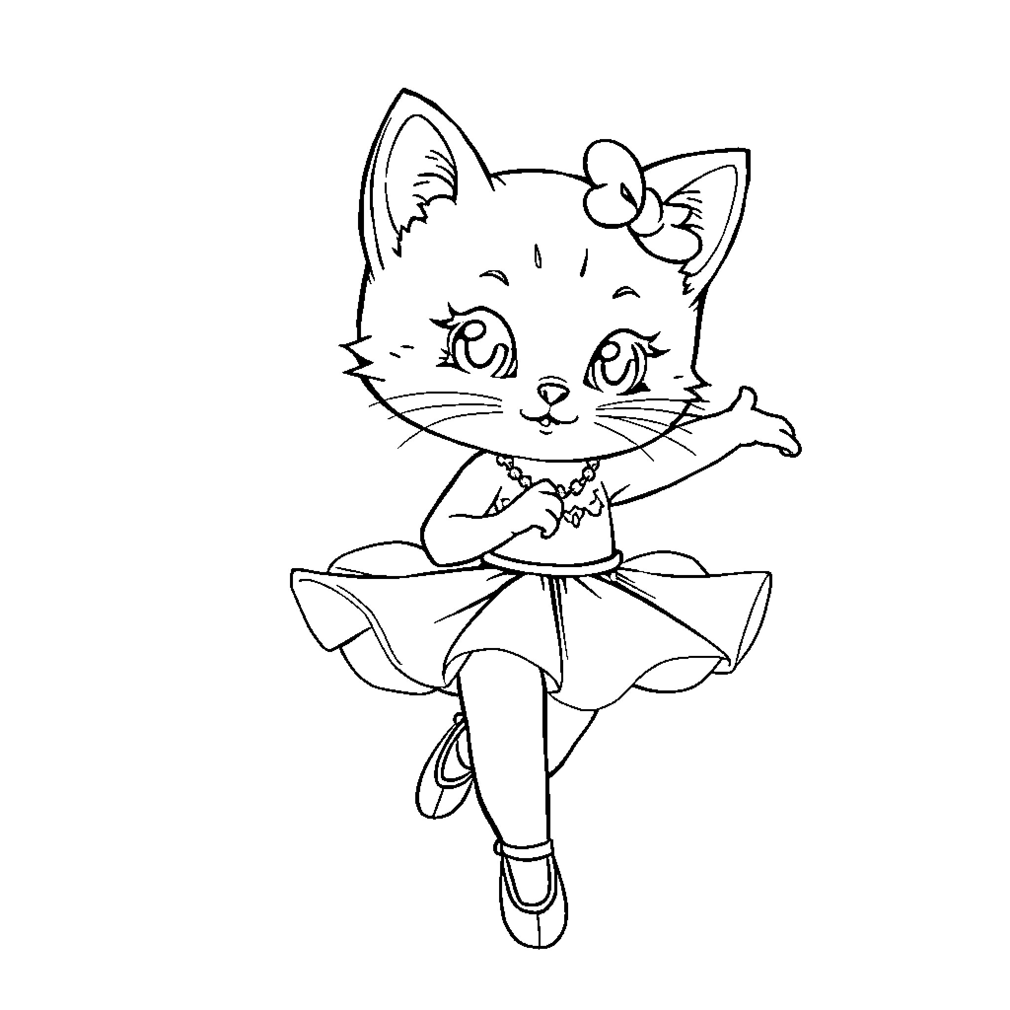 Hello Kitty dancing gracefully Coloring Page (free black-and-white line drawing printable PDF for all, from beginners to advanced learners, including children, teens, adults, and seniors)