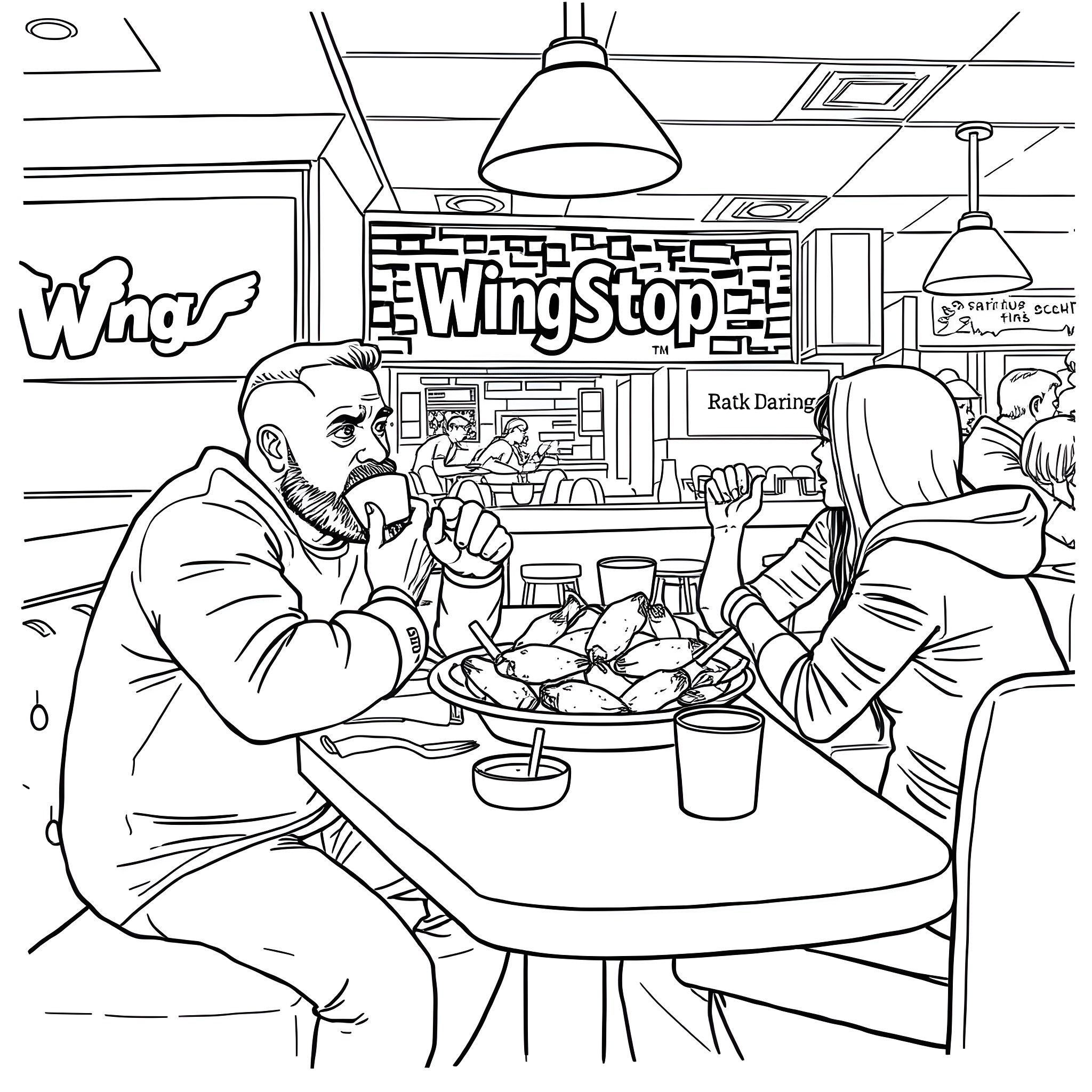 Chris Bumstead enjoying a meal at the WingStop restaurant Coloring Page (free black-and-white line drawing printable PDF for all, from beginners to advanced learners, including children, teens, adults, and seniors)