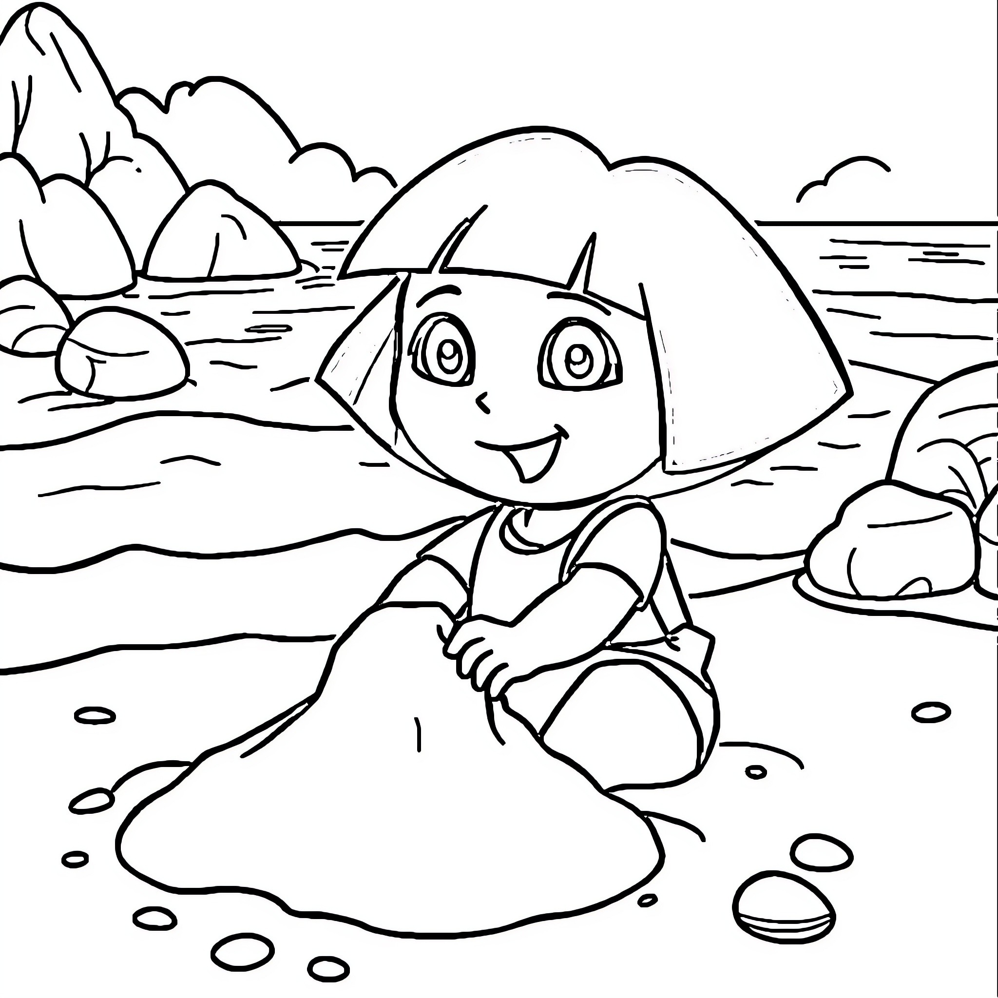 Dora exploring the beach and seashells Coloring Page (free black-and-white line drawing printable PDF for all, from beginners to advanced learners, including children, teens, adults, and seniors)