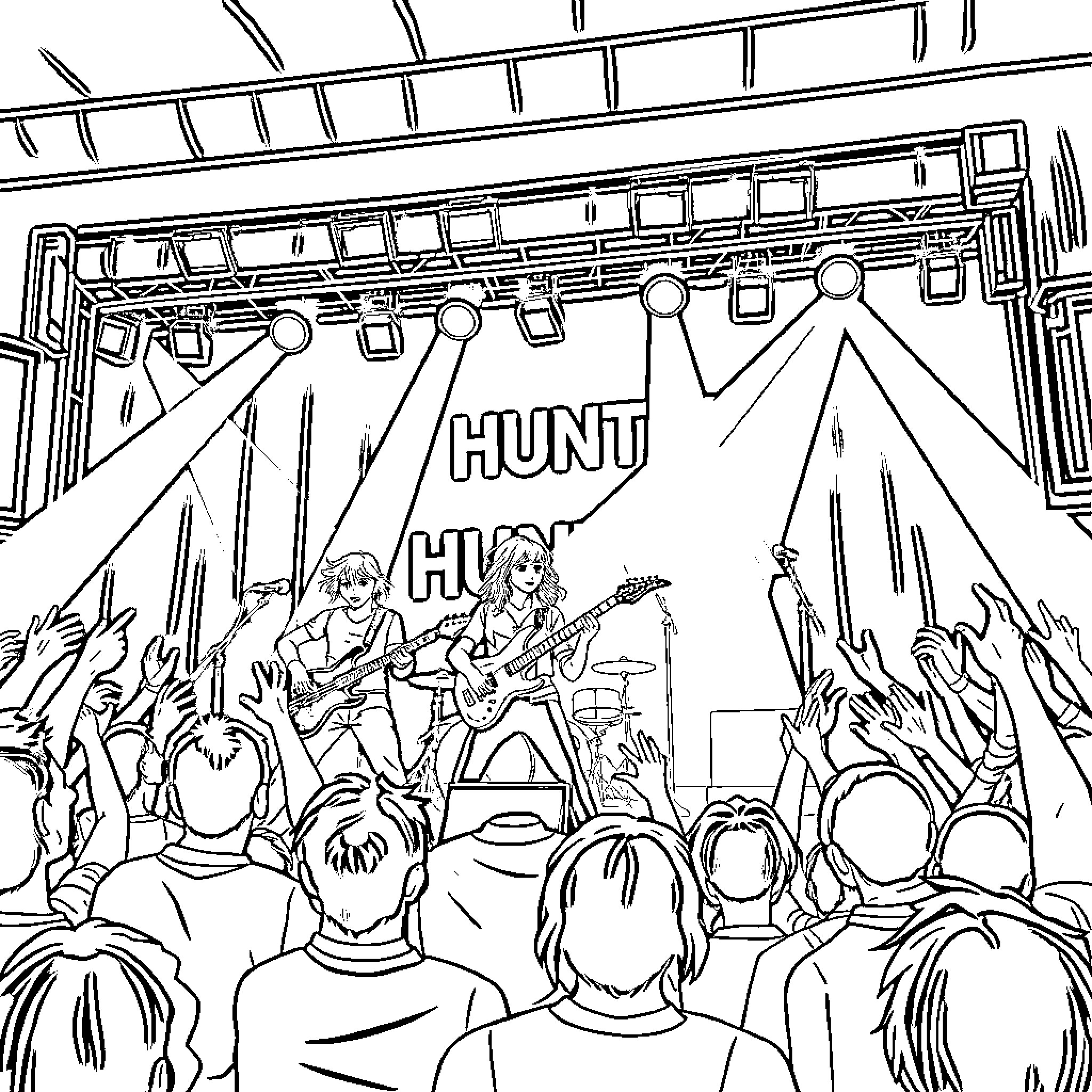 Huntrix rock band performing on stage Coloring Page (free black-and-white line drawing printable PDF for all, from beginners to advanced learners, including children, teens, adults, and seniors)