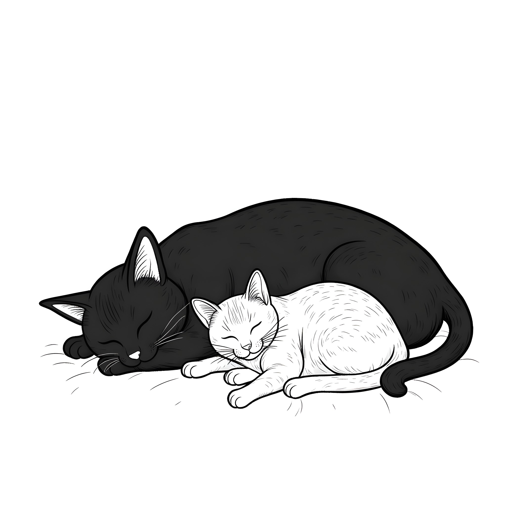 Cats Cuddling Peacefully Coloring Page (free black-and-white line drawing printable PDF for all, from beginners to advanced learners, including children, teens, adults, and seniors)
