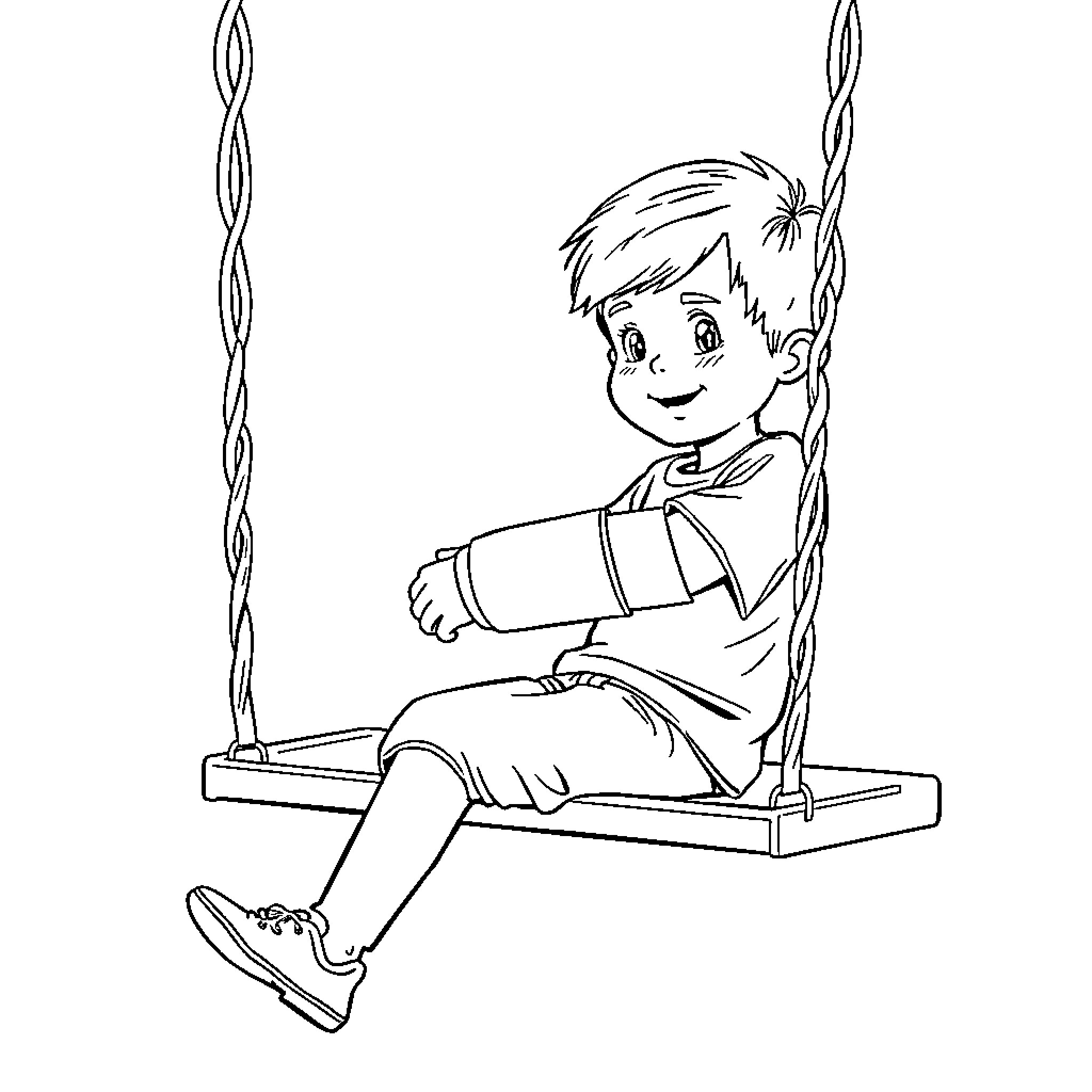 Boy happily playing on a swing Coloring Page (free black-and-white line drawing printable PDF for all, from beginners to advanced learners, including children, teens, adults, and seniors)