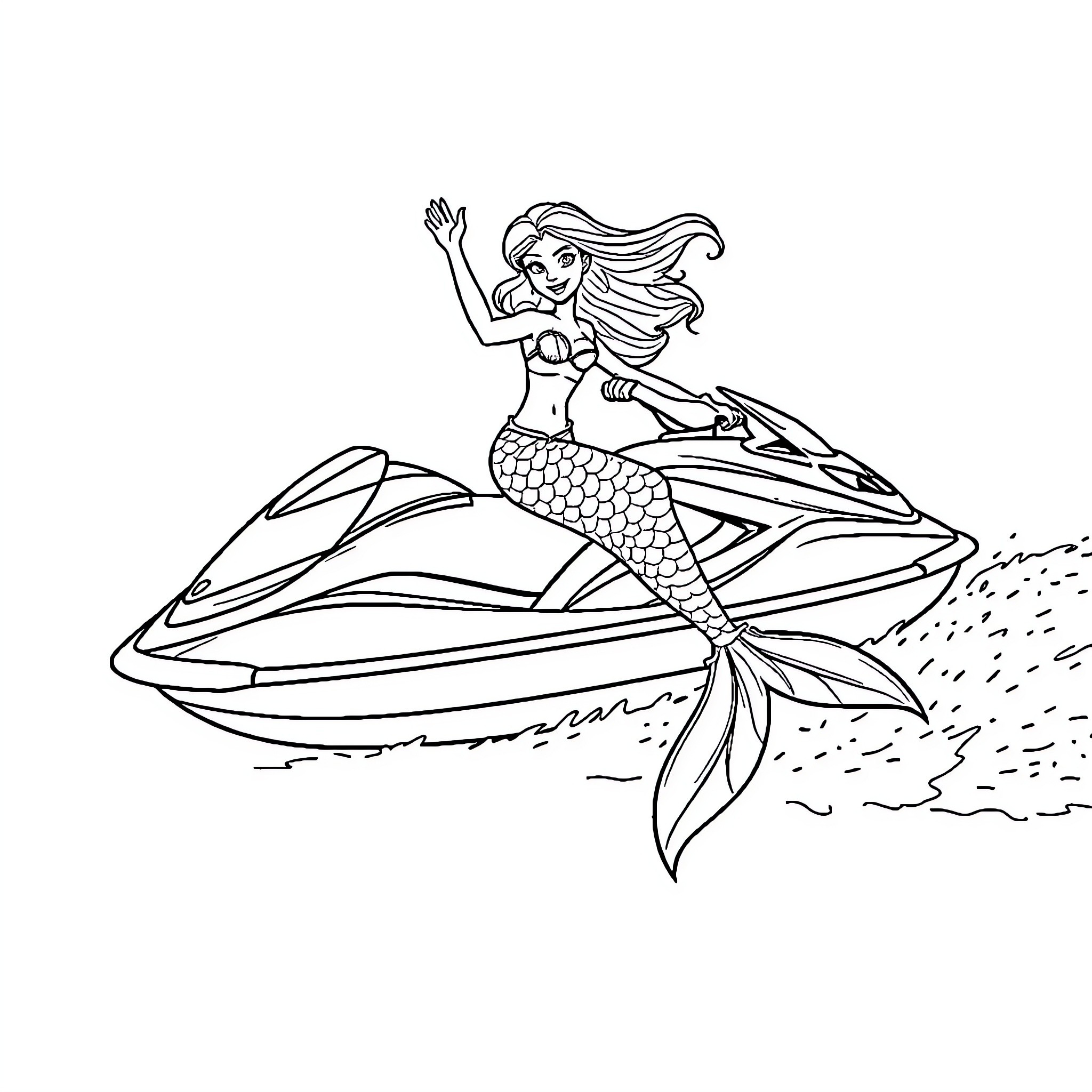 Mermaid riding a jet ski through the waves Coloring Page (free black-and-white line drawing printable PDF for all, from beginners to advanced learners, including children, teens, adults, and seniors)