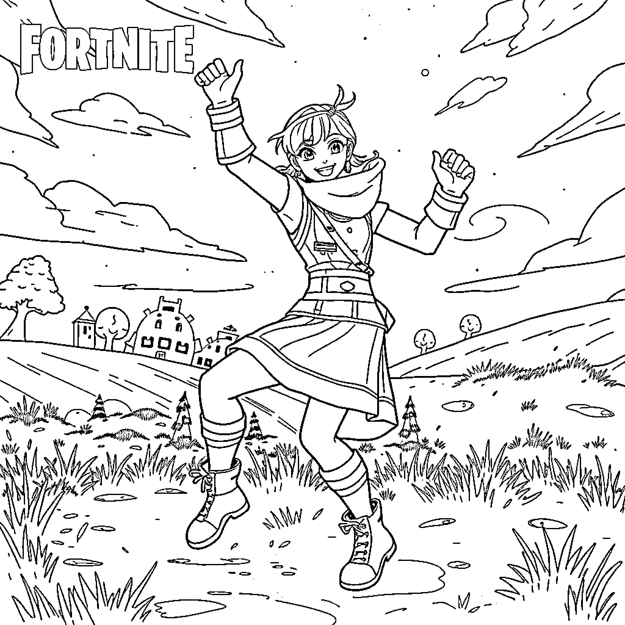 Evie's Adventurous Exploration in the Fortnite World Coloring Page (free black-and-white line drawing printable PDF for all, from beginners to advanced learners, including children, teens, adults, and seniors)