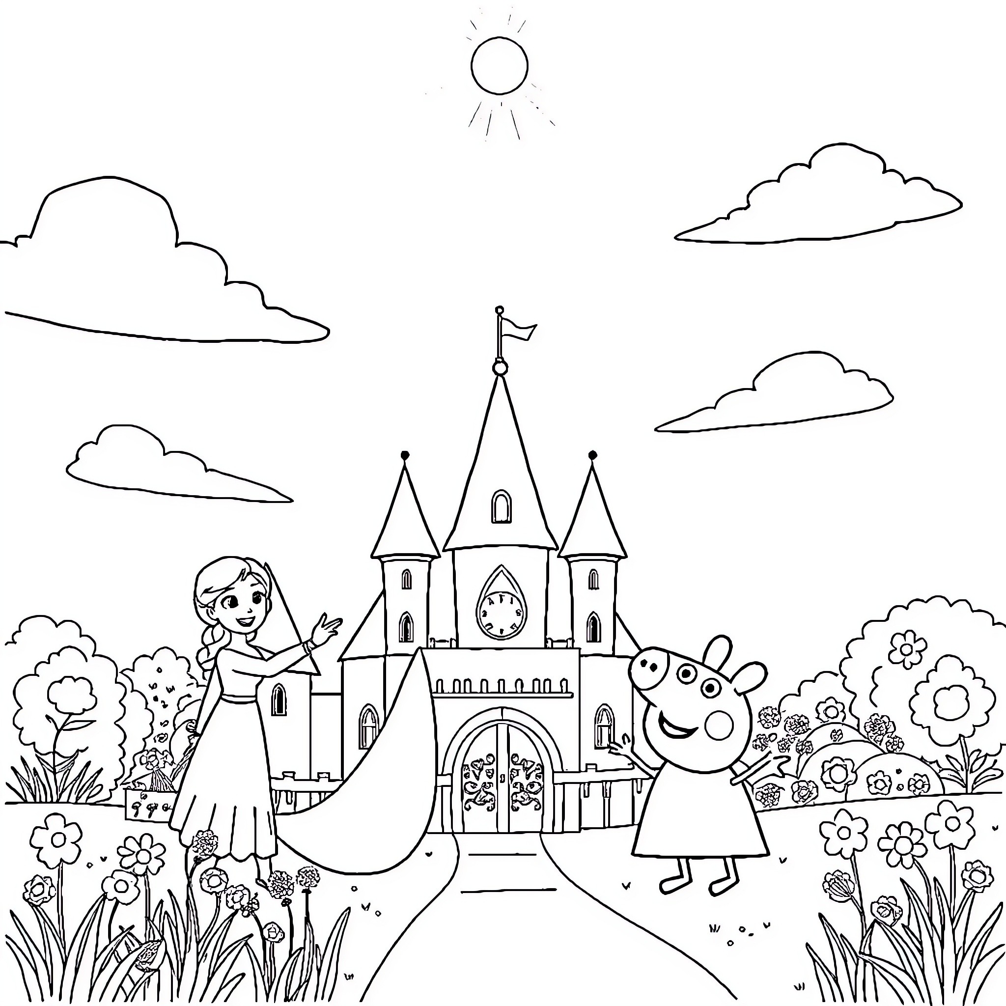 Character visiting castle with friends in the park Coloring Page (free black-and-white line drawing printable PDF for all, from beginners to advanced learners, including children, teens, adults, and seniors)