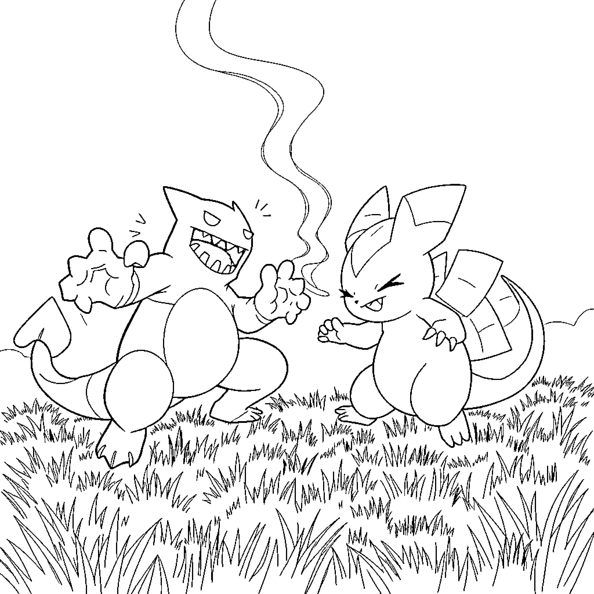 Pokémon characters engaged in playful interaction Coloring Page (free black-and-white line drawing printable PDF for all, from beginners to advanced learners, including children, teens, adults, and seniors)