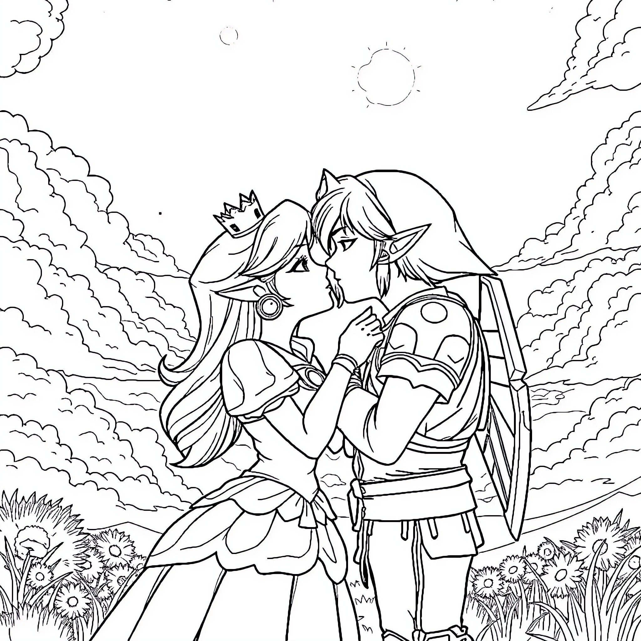 Princess in Tender Embrace with Heroic Knight Coloring Page (free black-and-white line drawing printable PDF for all, from beginners to advanced learners, including children, teens, adults, and seniors)