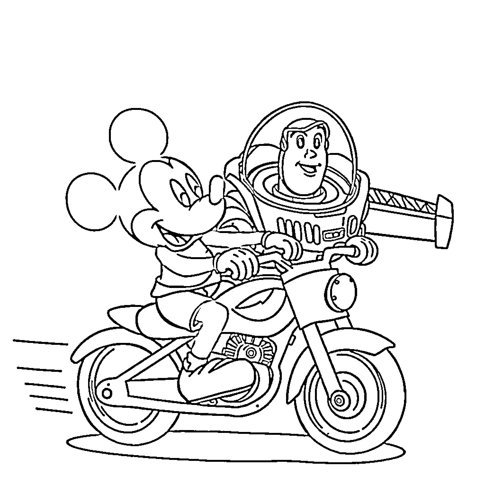 Mickey Mouse riding a motorcycle with Buzz Lightyear Coloring Page (free black-and-white line drawing printable PDF for all, from beginners to advanced learners, including children, teens, adults, and seniors)