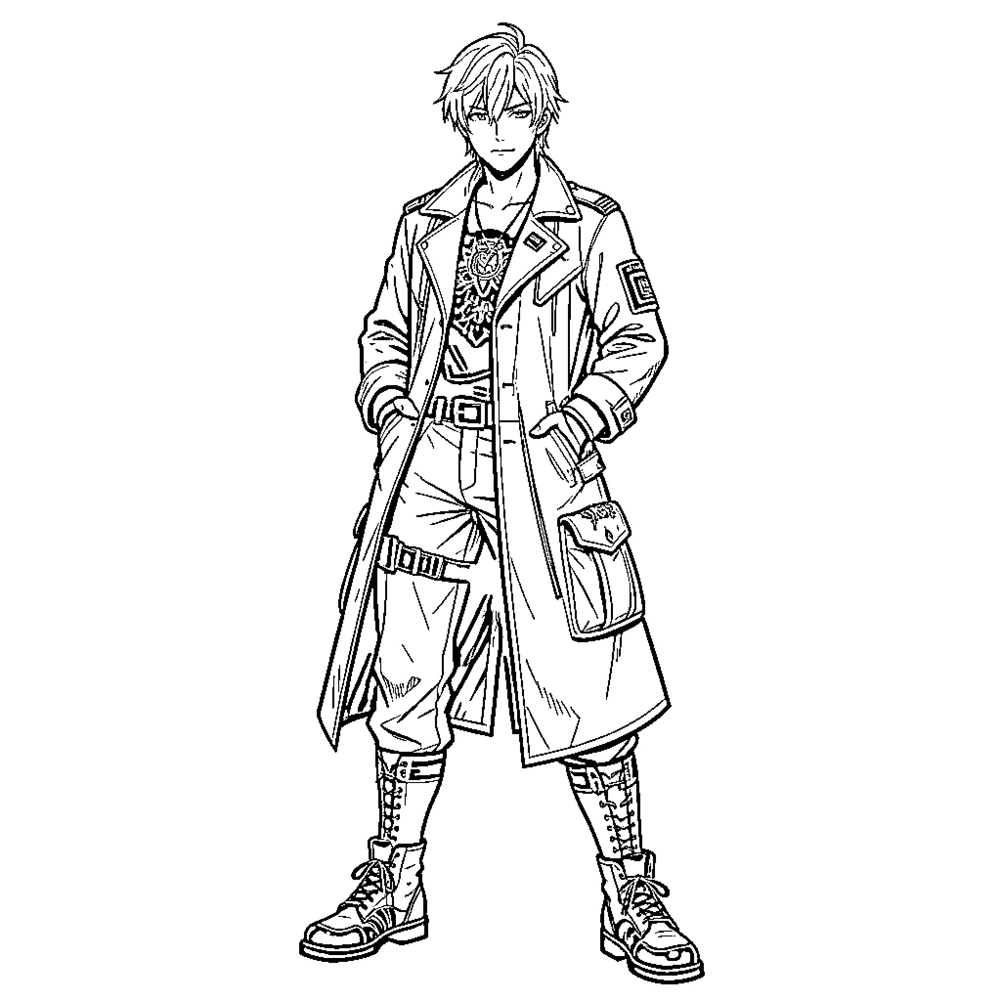 Daemon Hunter standing confidently in a long trench coat Coloring Page (free black-and-white line drawing printable PDF for all, from beginners to advanced learners, including children, teens, adults, and seniors)