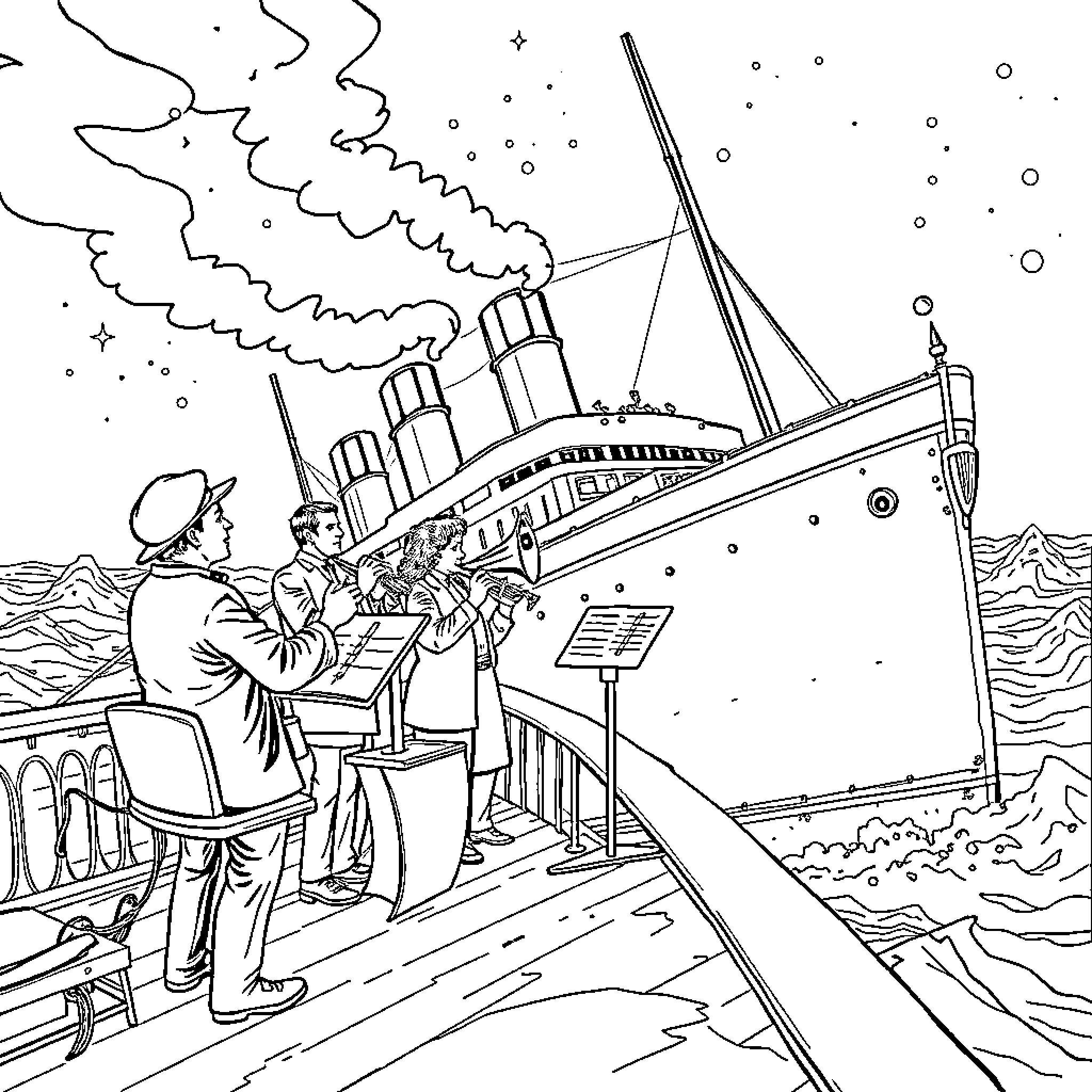 Titanic sinking at sea with passengers on deck Coloring Page (free black-and-white line drawing printable PDF for all, from beginners to advanced learners, including children, teens, adults, and seniors)