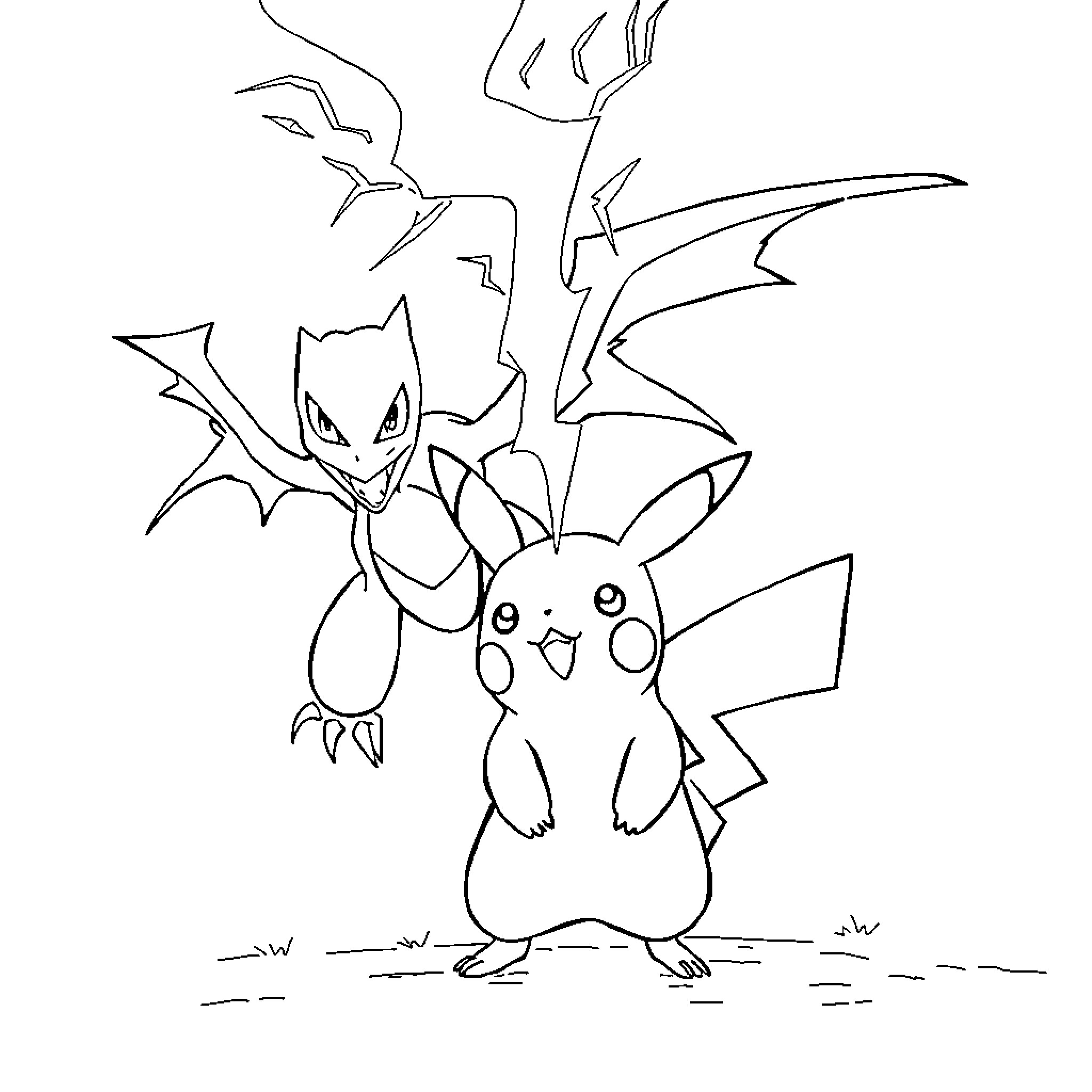 Pikachu facing a powerful Pokemon character Coloring Page (free black-and-white line drawing printable PDF for all, from beginners to advanced learners, including children, teens, adults, and seniors)